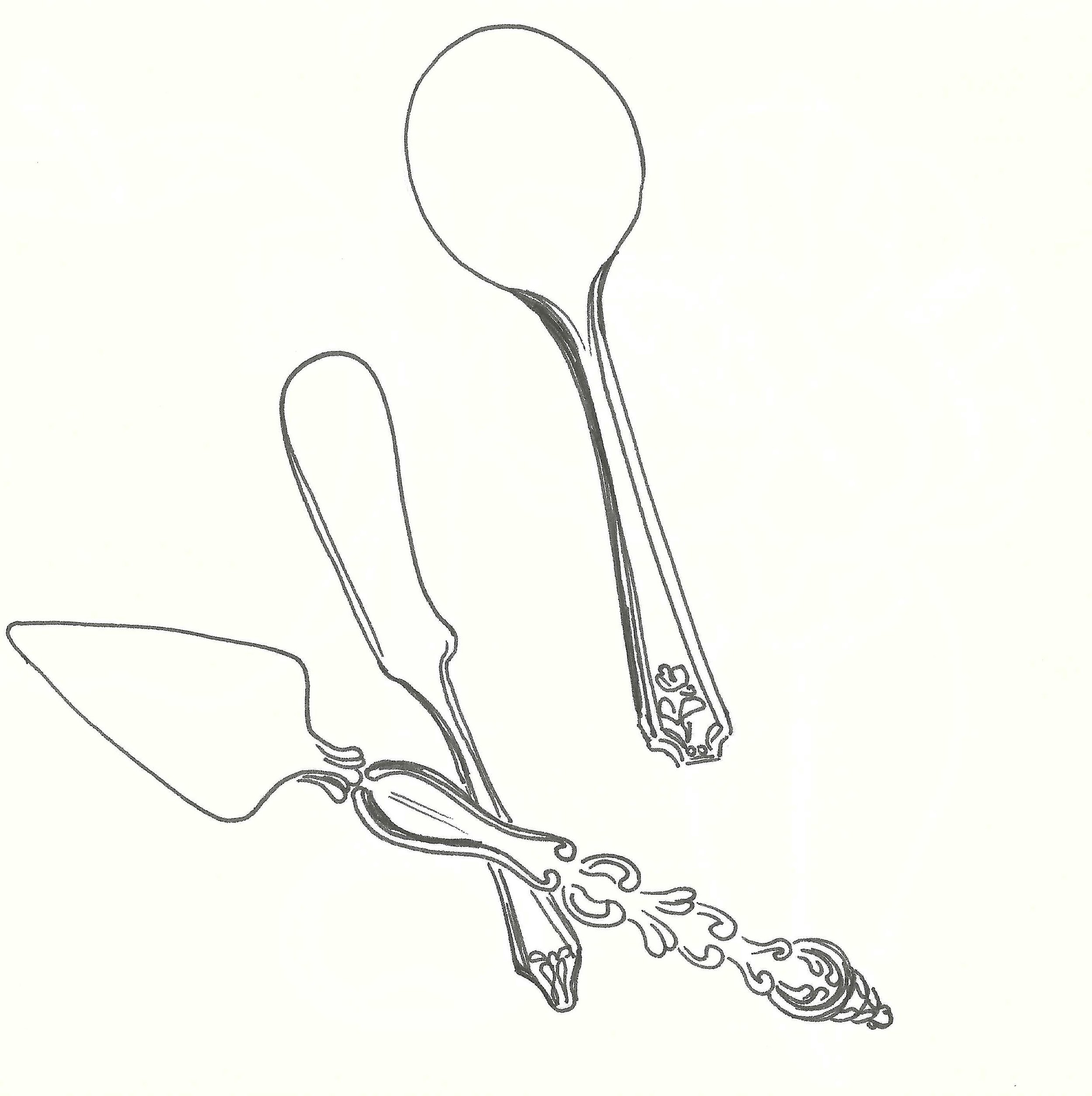 Line drawing of two spoons with decorative handles, one with a rounded bowl and the other with an oval bowl, and a leaf from a plant.