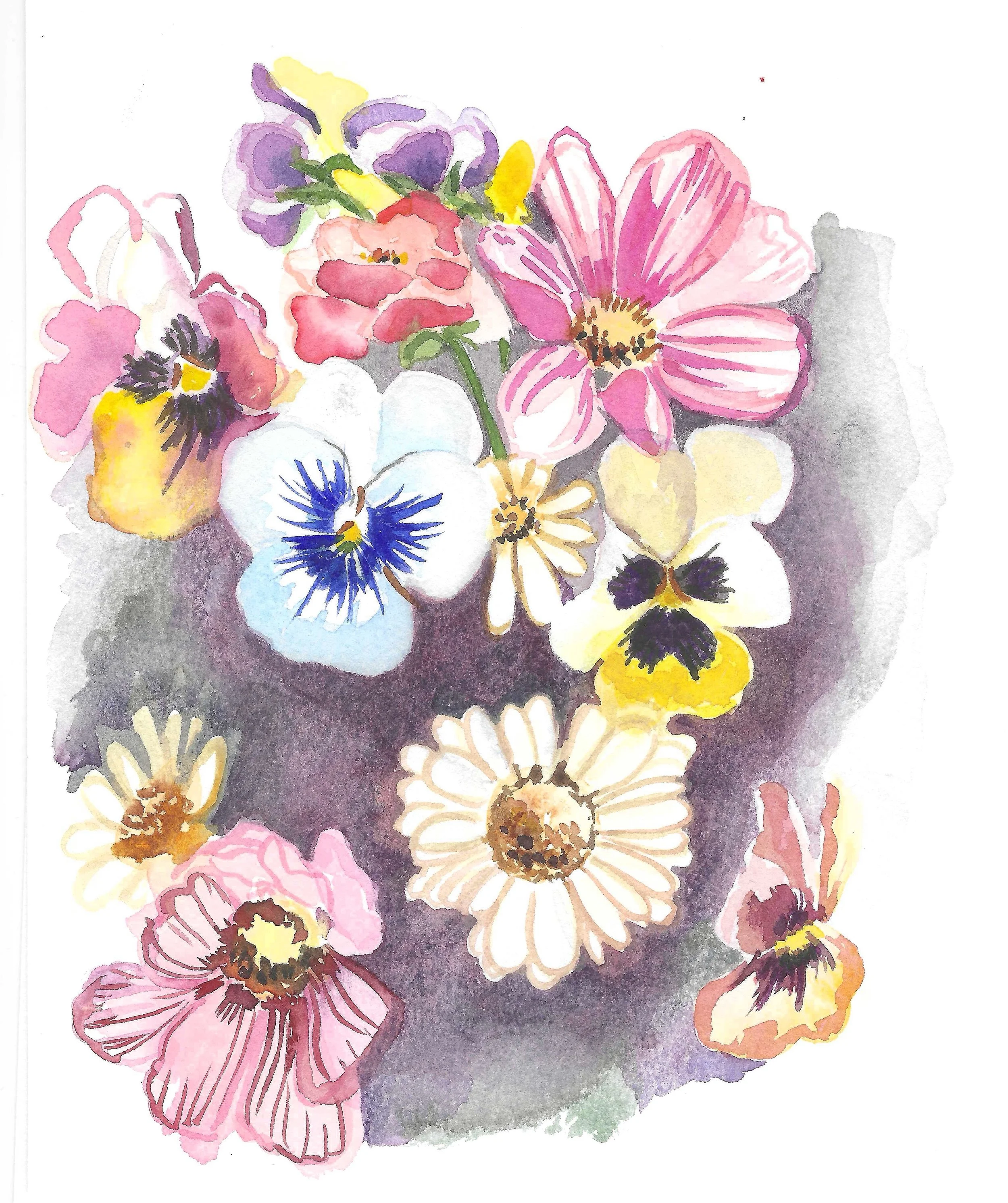 Watercolor painting of a bouquet of multicolored flowers including pink, purple, white, yellow, and blue flowers on a dark background.