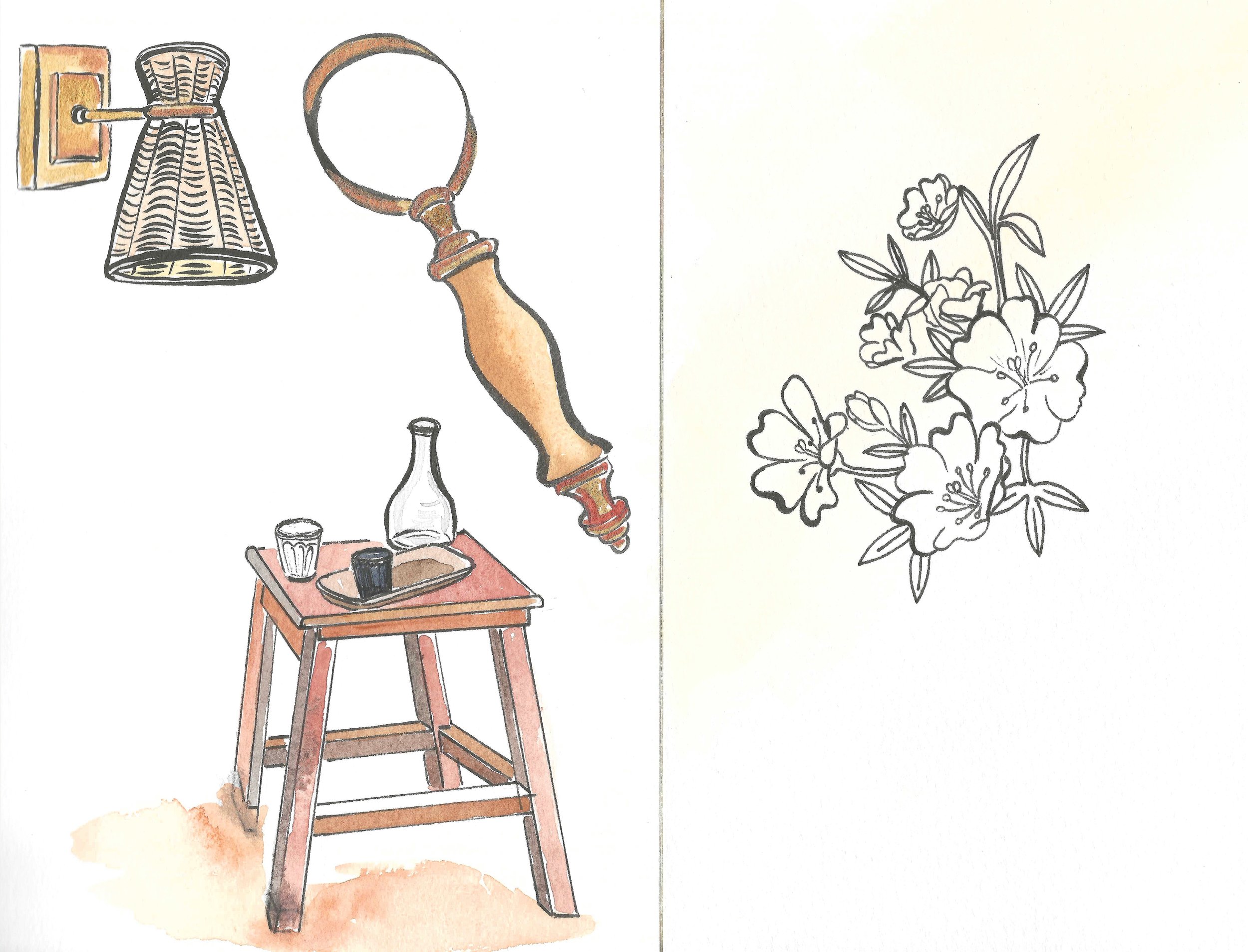 Colorful illustration of various household items on the left side, including a wall-mounted lamp, a magnifying glass, a small table with a bottle, glass, and tray, and on the right side, a black-and-white line drawing of a floral bunch with five flow