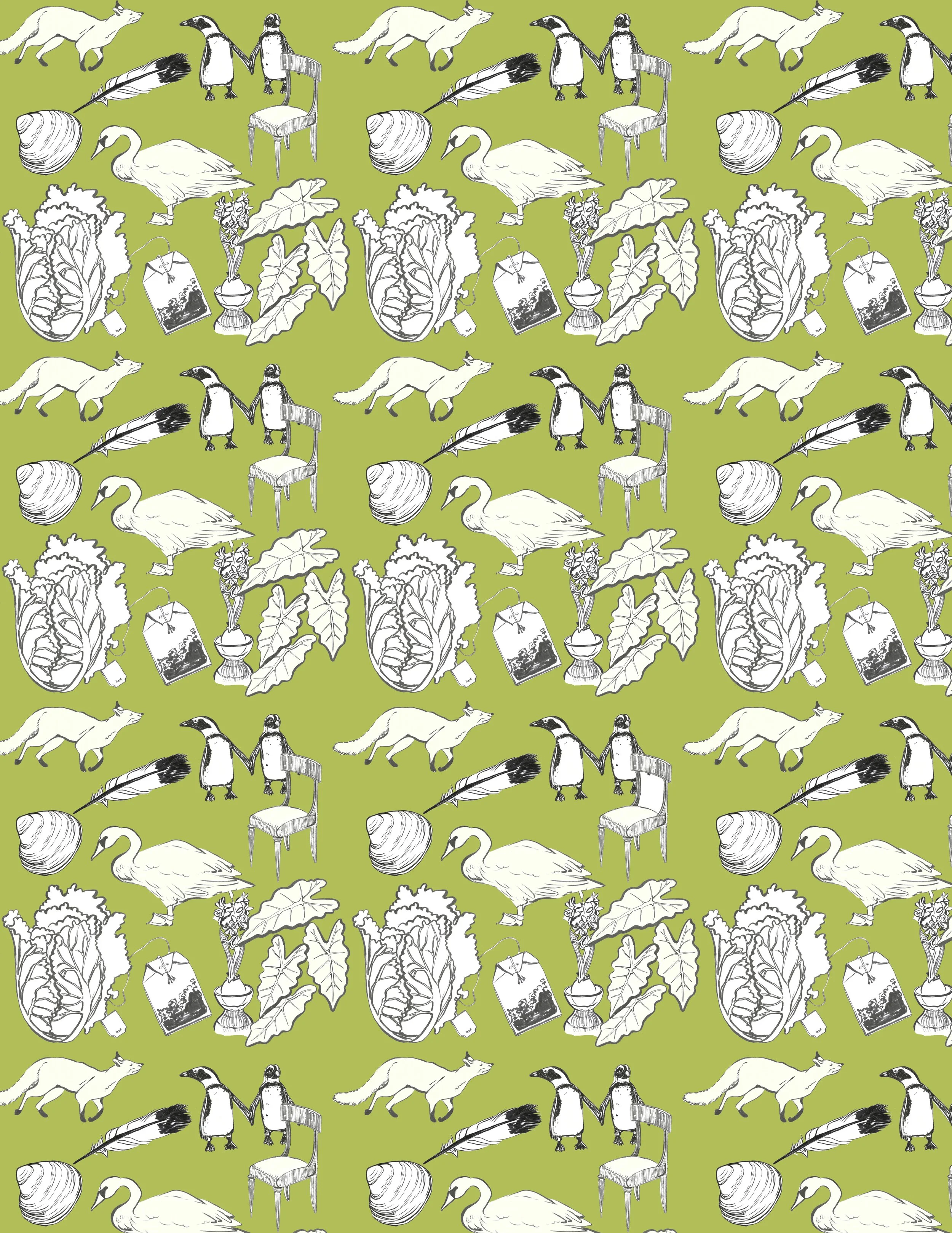 Pattern with white swans, penguins, foxes, shells, feathers, chairs, potted plants, and tags on a green background.