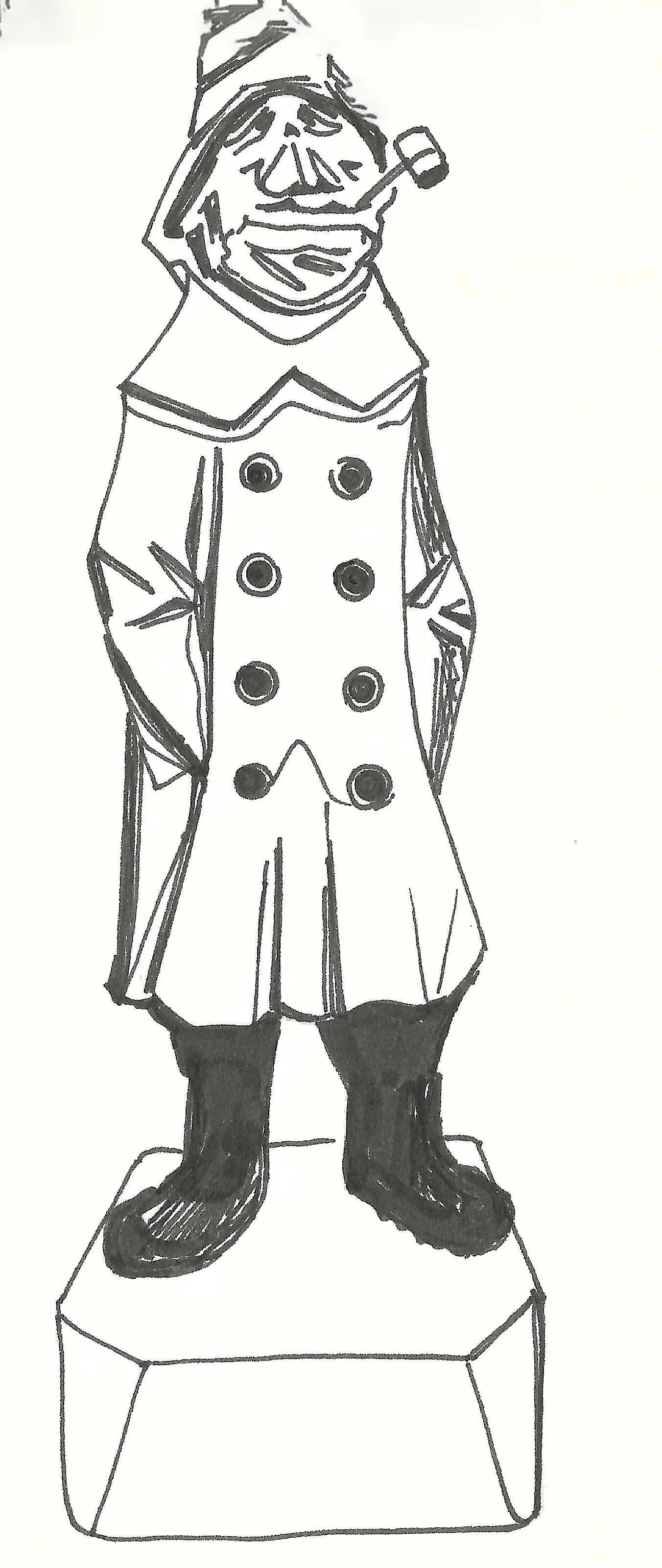 Black and white sketch of a clown doll with a pointed hat, a pipe in its mouth, a dotted coat, and boots, standing on a rectangular platform.