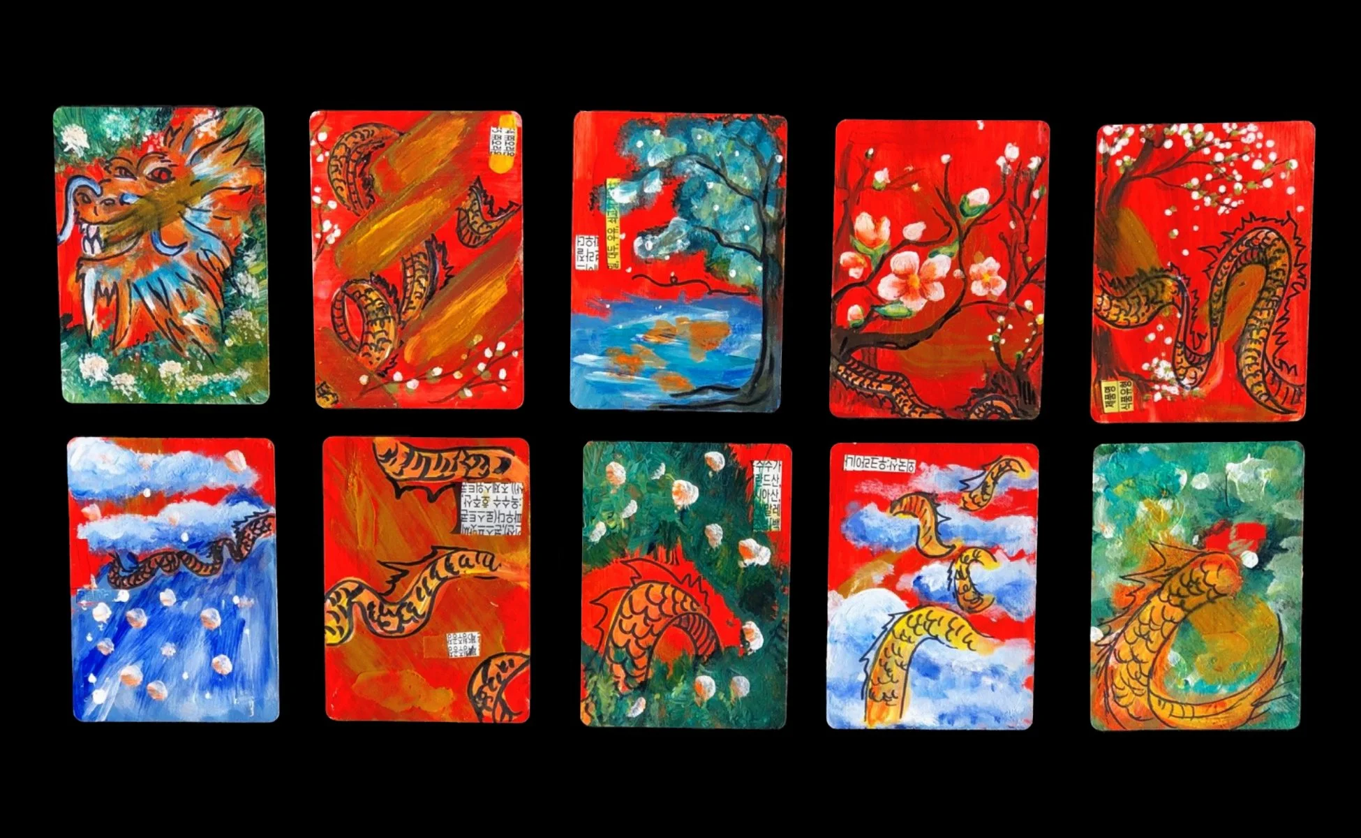 "Traveling Dragon" 2020. Acrylic on Playing Cards. 6" x 4" (each)