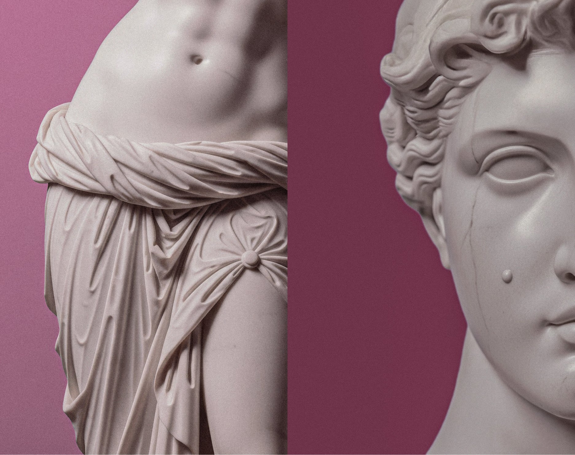 Close-up of two white marble sculptures against a pink background, one showing the back and the other showing the side of their faces.