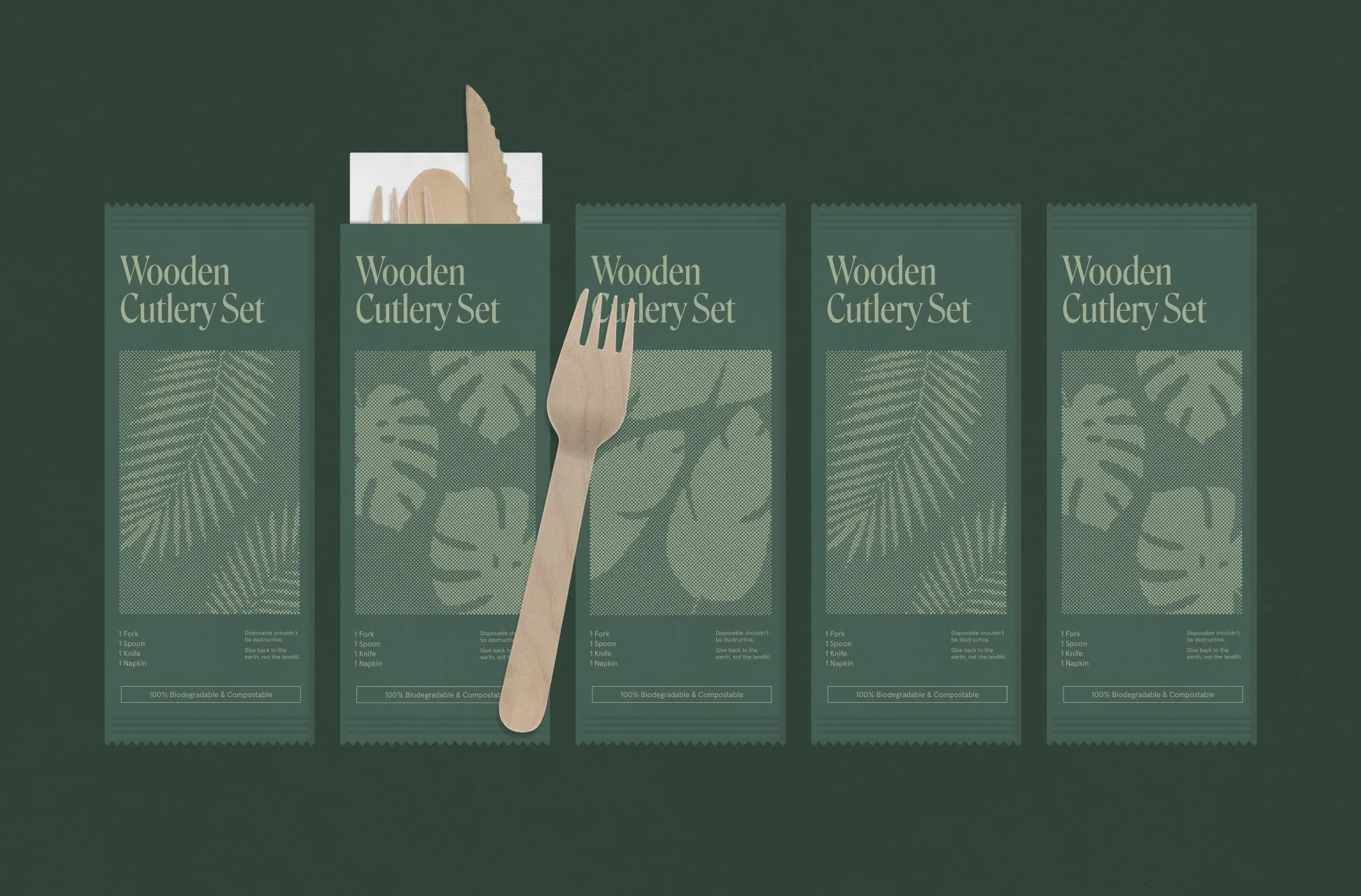 Greenovation dieline design for wooden cutlery packaging — flat layout and sustainable label system.