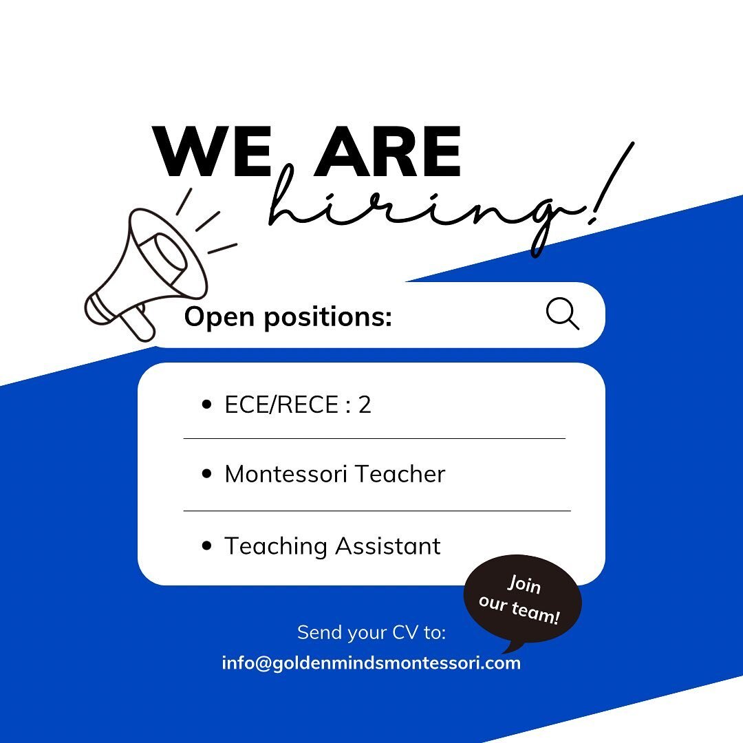 We are Hiring!!

We are looking for experienced teachers who are qualified for following positions - 

1. ECE/RECE : Minimum 2 years of experience 
2. Montessori Teacher : Minimum 2 years of experience 
3. Teaching Assistant : Minimum 1 year of exper
