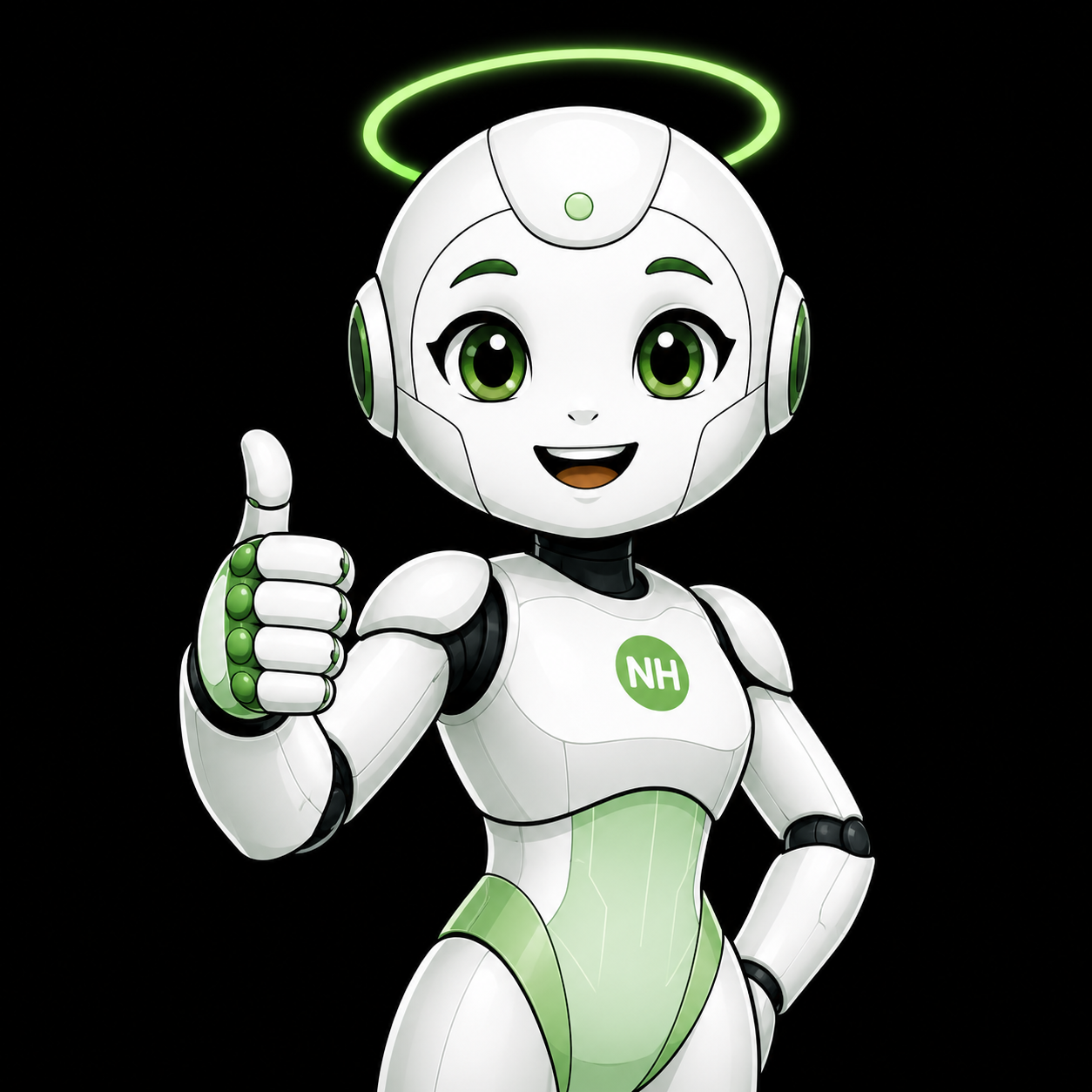 Cartoon robot with a halo, giving a thumbs up, with large green eyes, a smile, and a green and white body, on a black background.