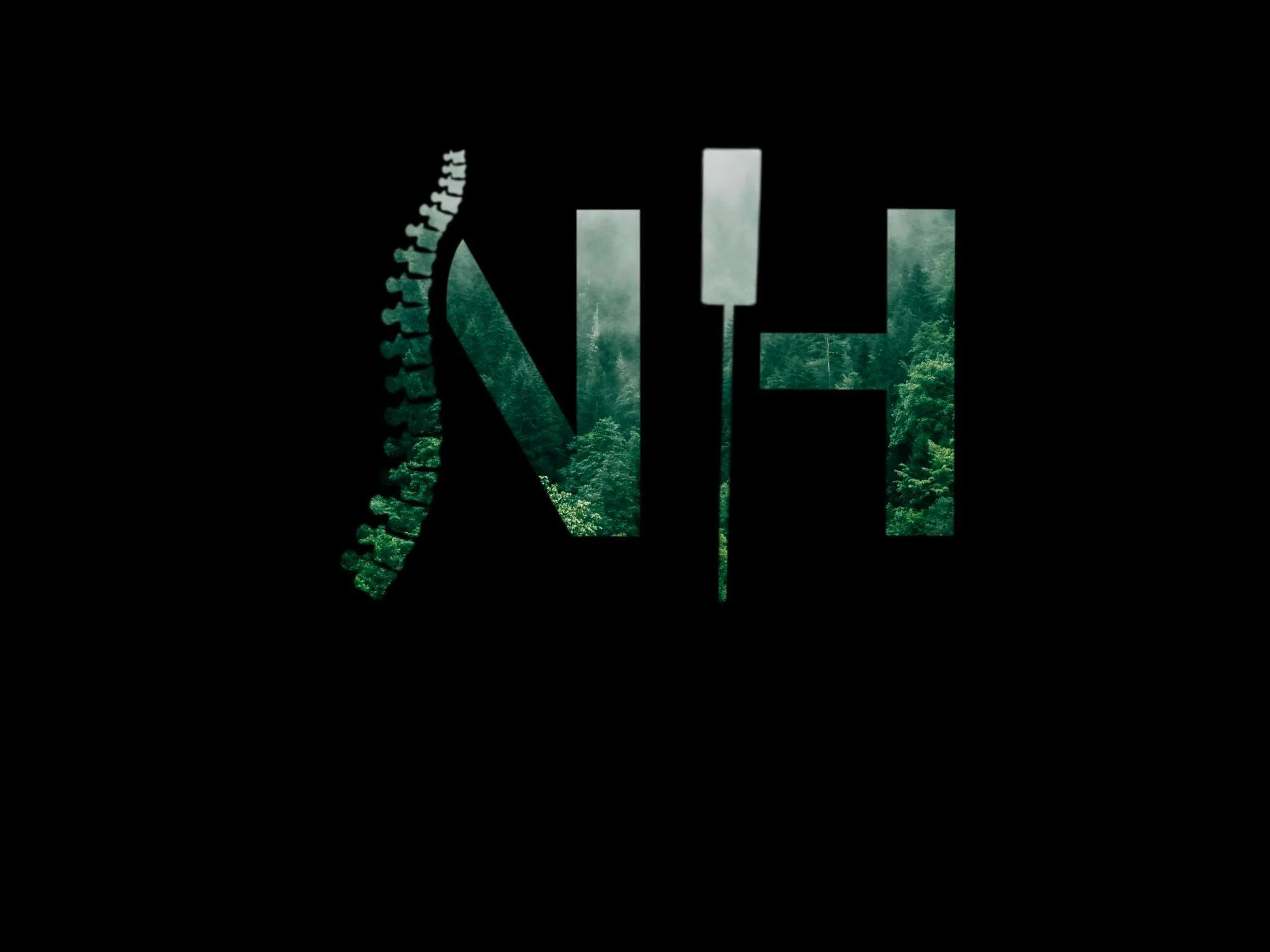 A black background with the word 'NINE' cut out, revealing a forest scene with trees and mist inside the letters and a gear-like design on the left side.