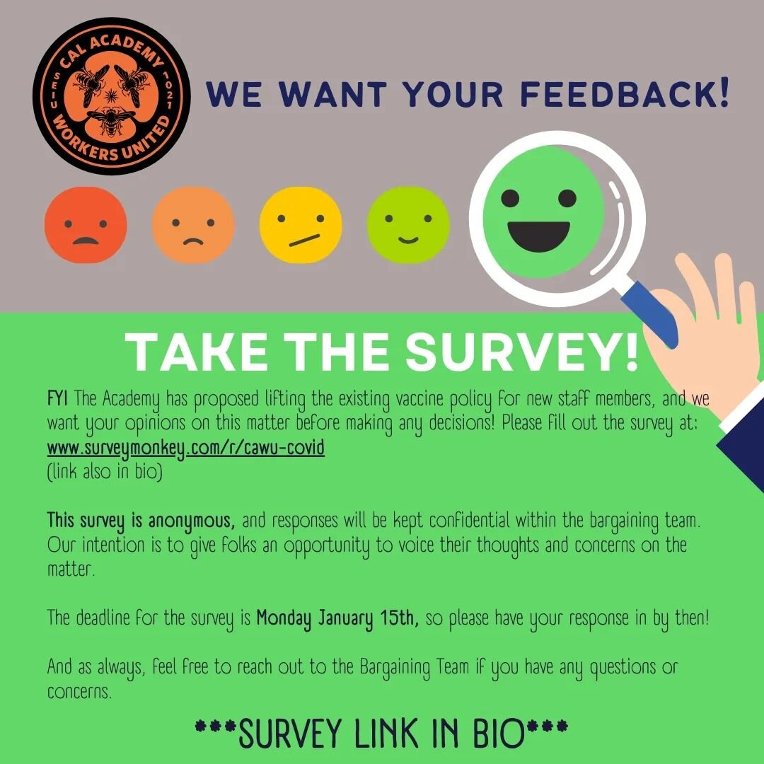 🦠 COVID-19 Policy Survey🦠
The Academy has proposed lifting the existing vaccine policy for new staff members and the CAWU Bargaining Team wants to know your opinion!

Completely the survey by January 15th! (link in bio) 

The survey is anonymous an