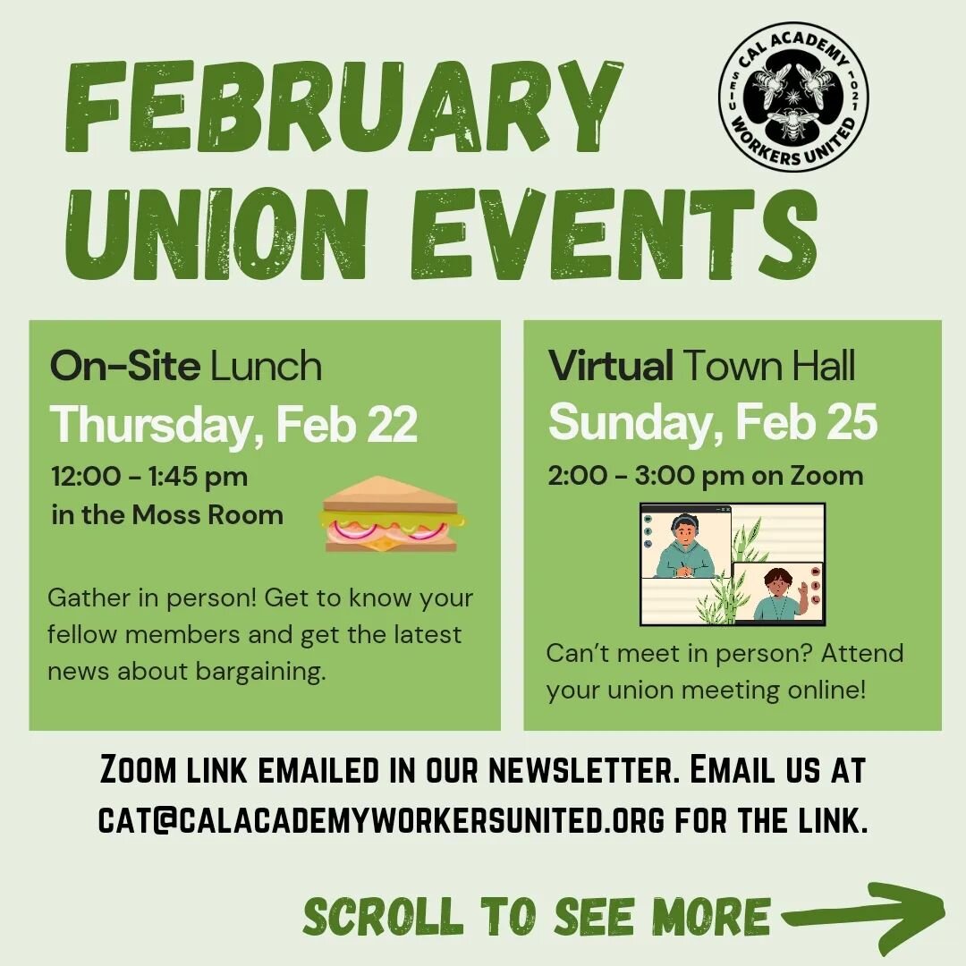 💚 February Union Events 💚

Tuesday 2/13: T-Shirt &amp; Button Day! Wear your union T-Shirt, button, or anything black or orange to show support for your colleagues on the Bargaining Team.

Tuesday 2/20: T-Shirt &amp; Button Day!

Thursday 2/22: On-