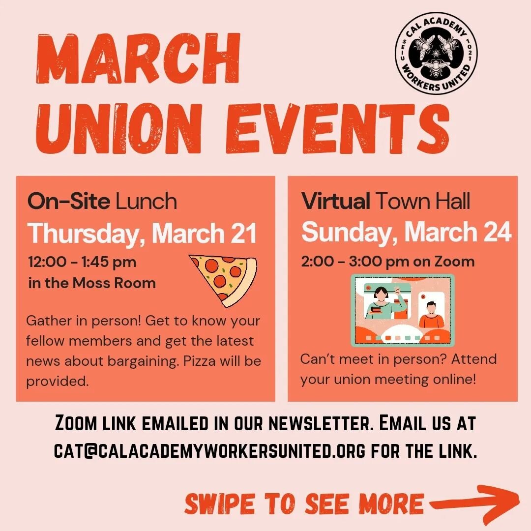 ☘️ March Union Events 🍀

T-Shirt Days: Tuesday March 5th and Tuesday March 13

On-Site Lunch: Thursday March 21st in the Moss Room from 12-1:45pm. Come get updates on contact negotiations, ask questions and get to know your fellow members! 🍕 Pizza 