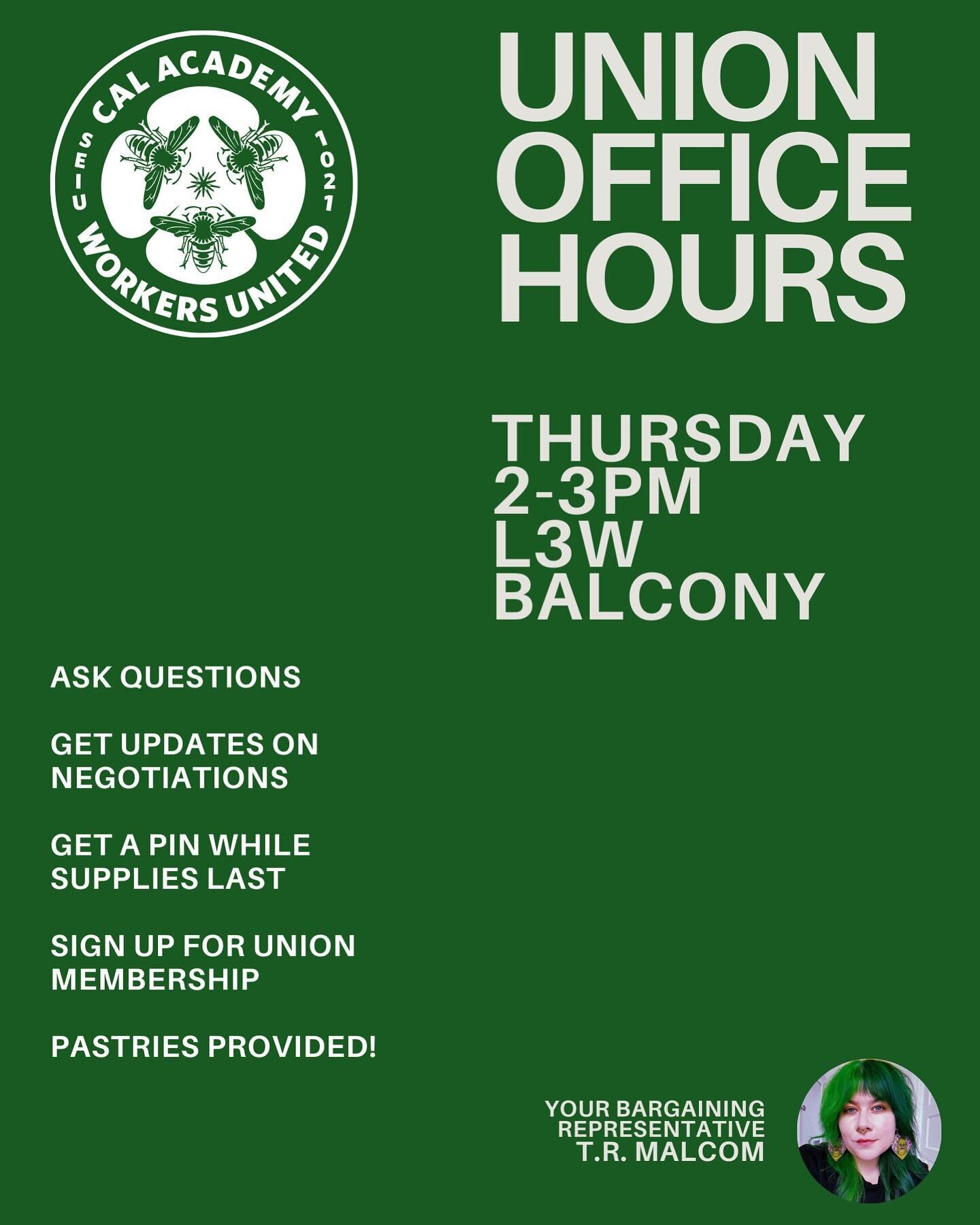 ATTN: Brand Marketing &amp; Sales workers! Your elected bargaining team representative, T.R. Malcom, is holding office hours this Thursday to answer questions and hear your ideas on what you want to see in our first contract. Come through, grab a pin