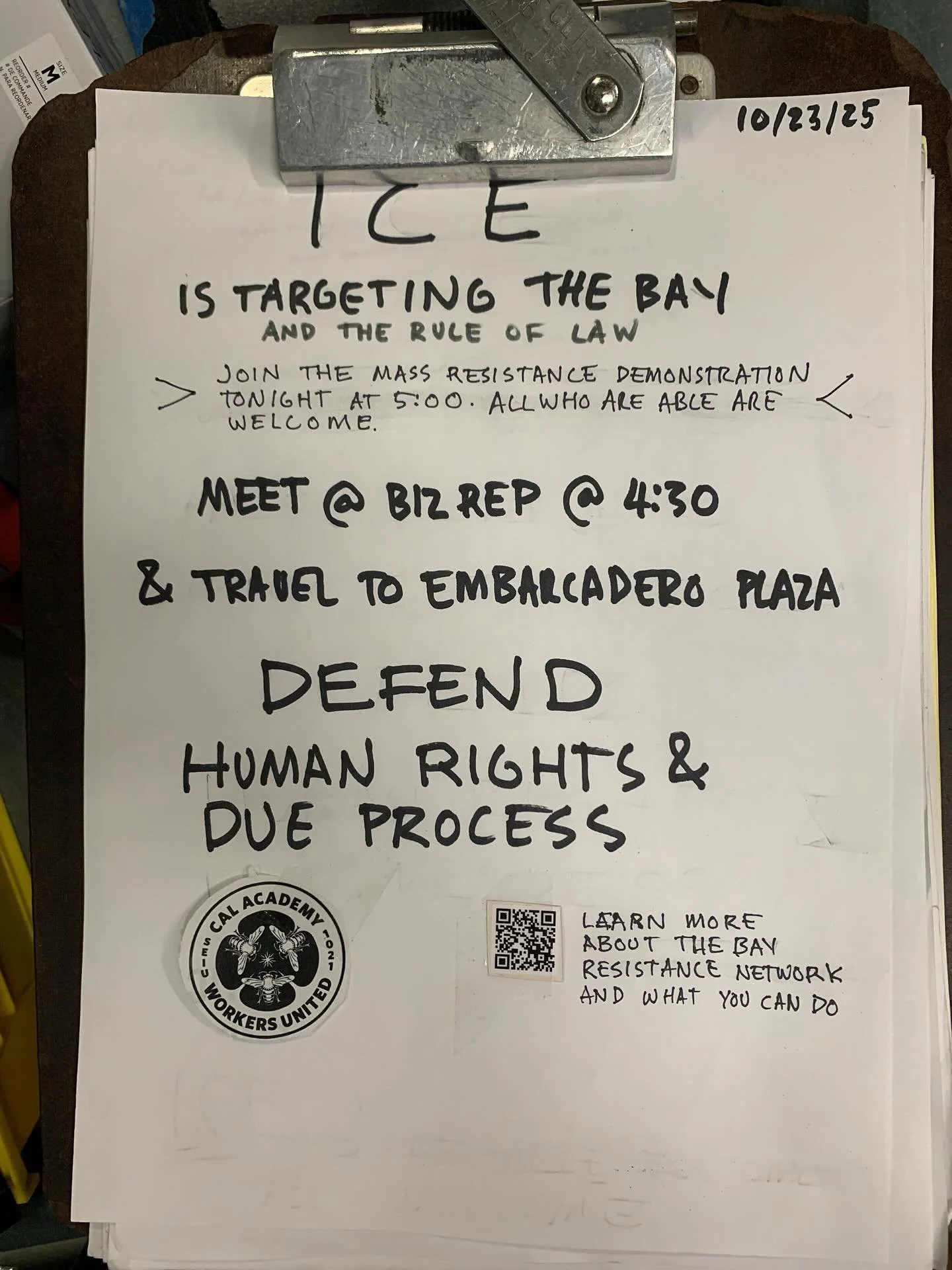 ICE OUT OF THE BAY! 🚫🧊 Meet at bizrep at 4:30PM TODAY to join the CAWU contingent and we&rsquo;ll head over to the Embarcadero together. An injury to one is an injury to all! Organized labor has a duty to defend our community against state-sanction