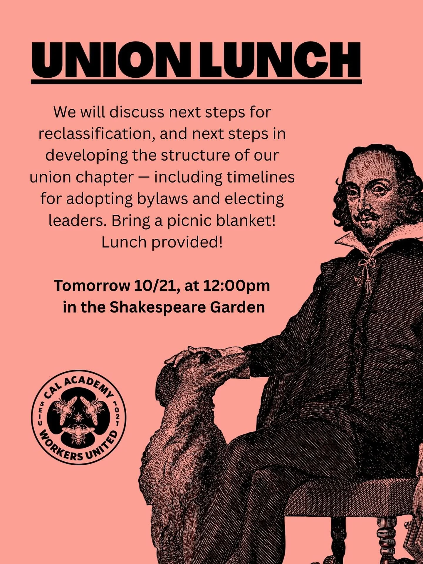 Our next all-unit meeting is TOMORROW October 21, at 12:00pm in the Shakespeare Garden. Bring a picnic blanket if you can! Lunch will be provided.

We will discuss next steps for reclassification, and next steps in developing the structure of our uni