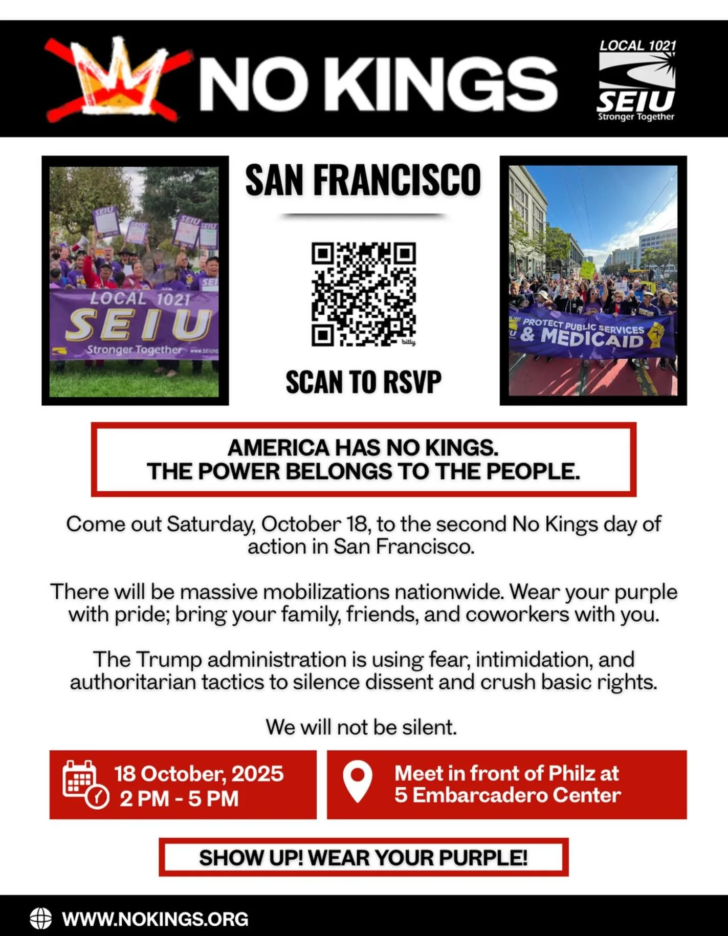 Join your @seiu1021 labor siblings at the No Kings rally at Embarcadero this Saturday 10/18 at 2pm! #unionstrong