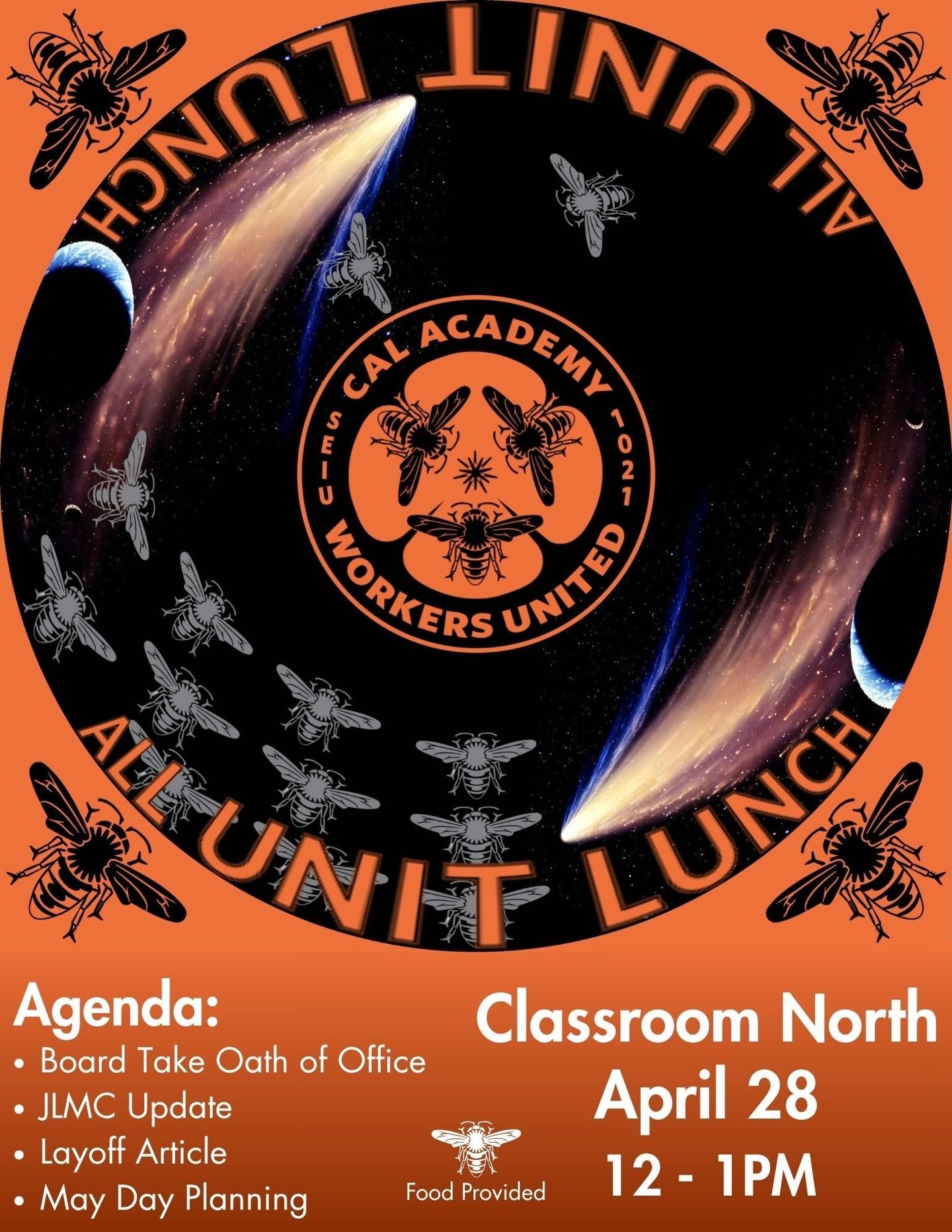 Come by and grab some lunch on Tuesday April 28th! The next All Unit Meeting will be in the Classroom on L3. We have some updates, some information, and our officers will be sworn in!