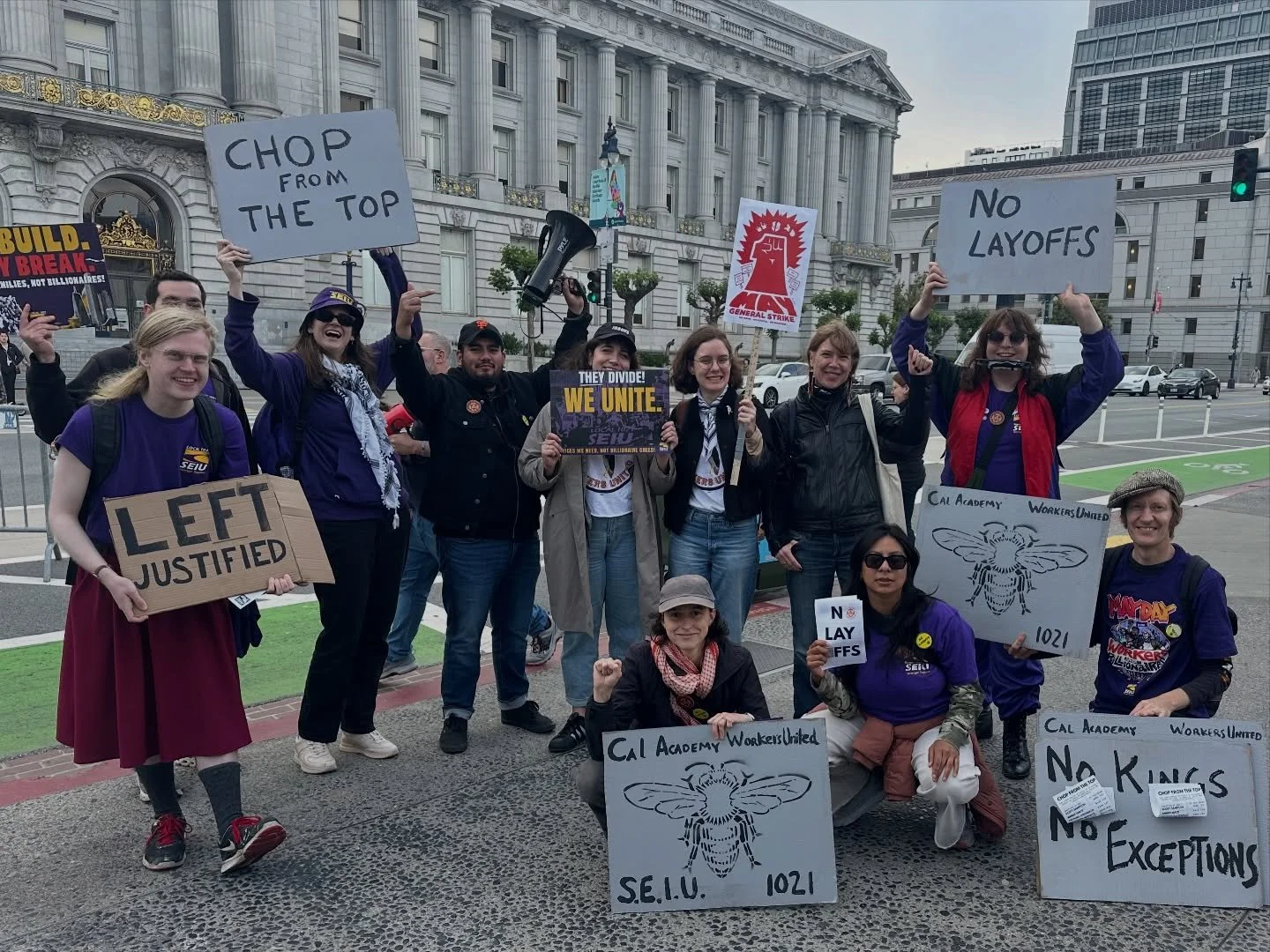 The Bay Area Museum Workers Alliance showed up for May Day 2026 and for CAWU union members experiencing layoff threats from management targeting our union leadership and our creative studio, exhibits team, planetarium production studio, contact cente