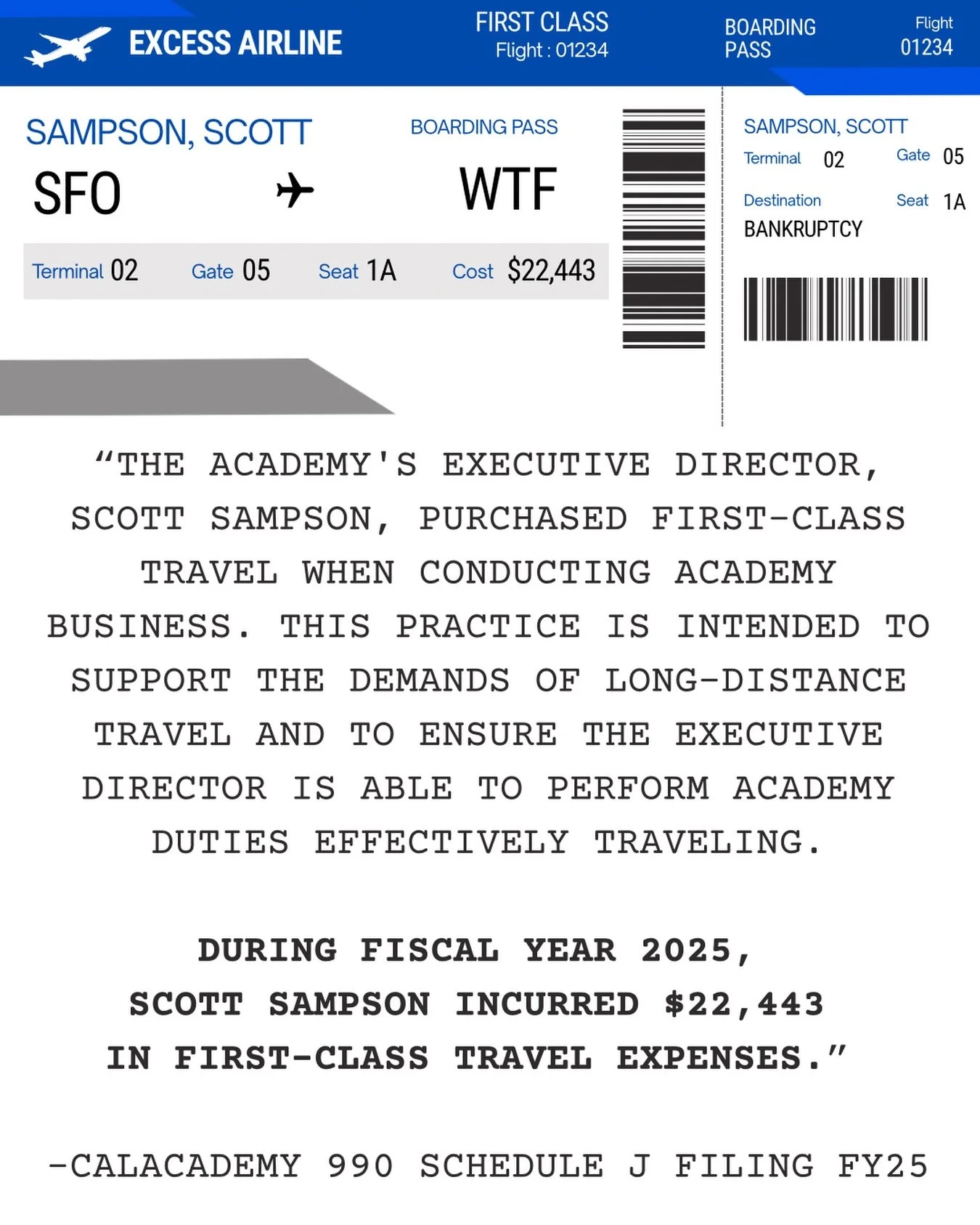 DURING FISCAL YEAR 2025, SCOTT SAMPSON INCURRED $22,443 IN FIRST-CLASS TRAVEL EXPENSES.

-CALACADEMY 990 SCHEDULE J FILING FY25