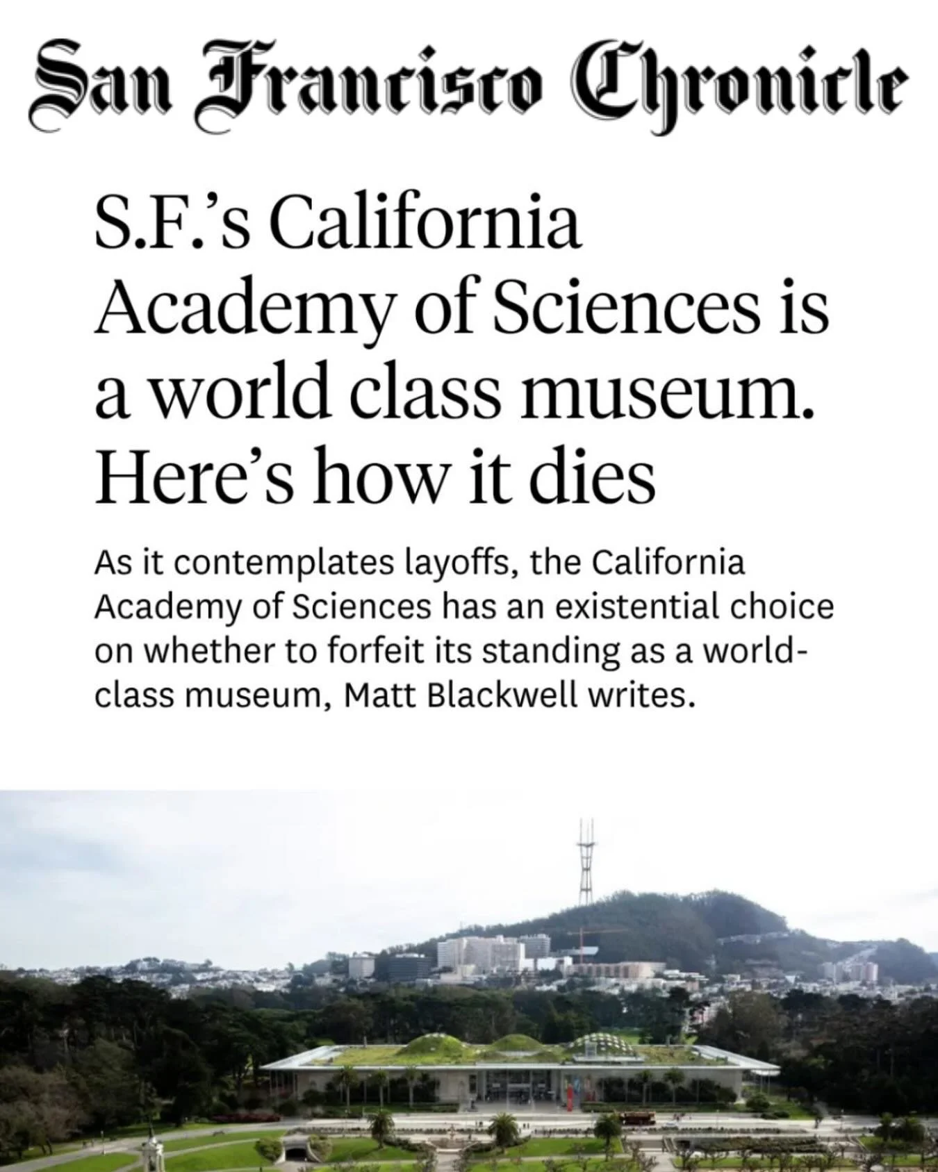 &ldquo;The institution now faces an existential choice about what kind of stories it wants to tell the world about itself. Will that story be one of forfeiting its standing as a world-class museum?

My colleagues and I invite our new leadership to wo