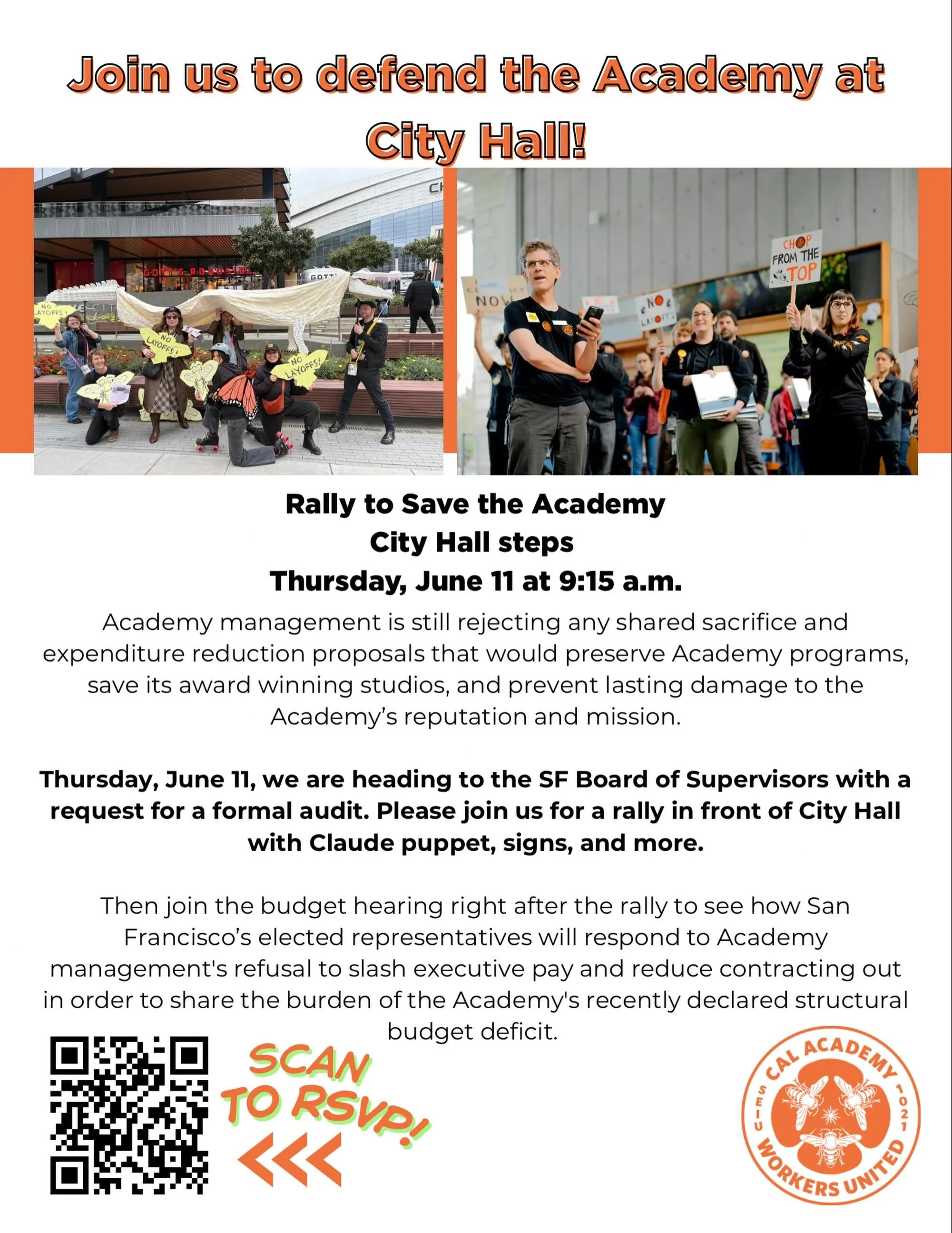DEFEND THE ACADEMY&mdash;TOGETHER! Join Academy staff, union members, teachers, students, and community supporters to demand an end to senseless program cuts that hurt our entire community, like the last-of-its-kind planetarium viz studio and our mas