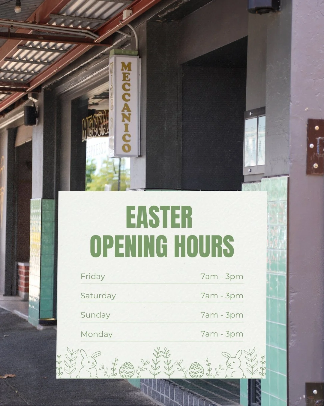 Happy Easter from all of us at Meccanico 🐣

Whether you&rsquo;re catching up with family, taking it slow, or just enjoying a long weekend, we hope it&rsquo;s a good one.

If you feel like a coffee, a bite to eat, or a little moment out of the house,