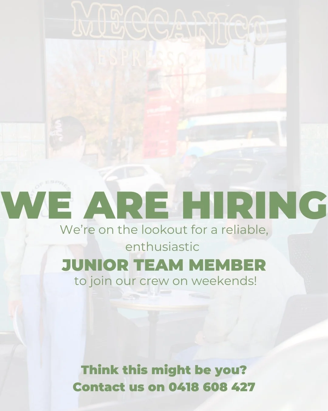 Want to spend your weekends around coffee, good food, and a pretty great crew? ☕

We&rsquo;re looking for reliable, enthusiastic junior team members to join us at Meccanico.

If it sounds like your kind of thing, give us a call on 0418 608 427 or com