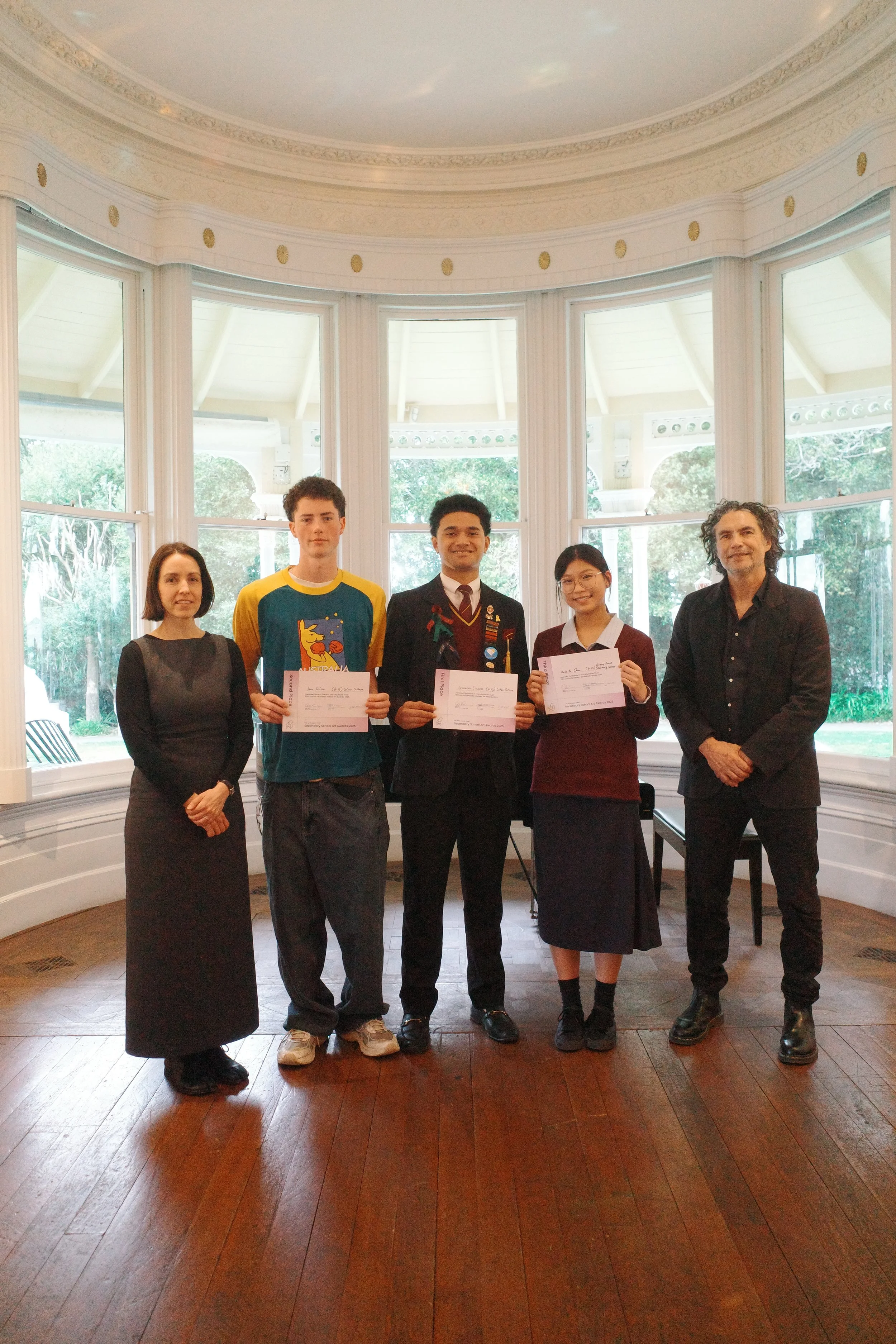 Anita Tótha (Director, The Arts House Trust), Sean Wilson, Second Place; Giovanni Siasau, First Place; Isabella Chen, Third Place; Brett Graham, Guest Judge