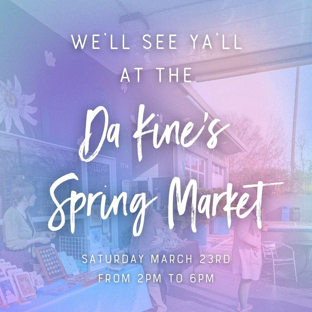 Consider this your cordial invitation to the Da Kine's Spring Pop-Up Market! ✨ 💐
.
Come by on Saturday, March 23rd from 2-6pm to check out the awesome local vendors we have lined up. You can find jewelry and artwork, get a tarot reading, chat with a