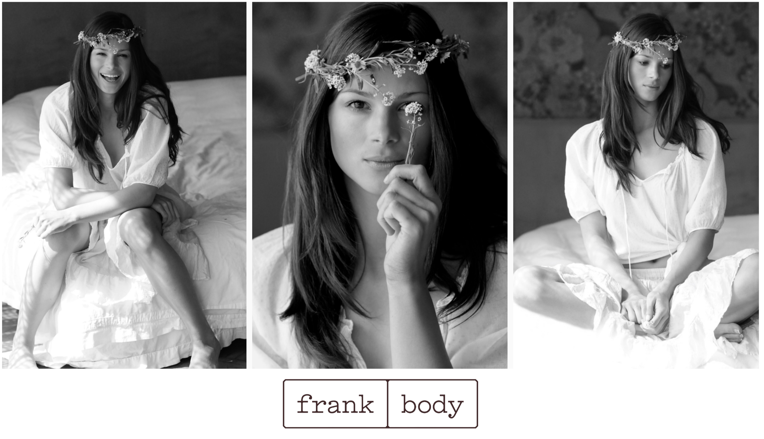 Three black-and-white photos of a woman in casual clothing. In the first and third photos, she is sitting on a bed with a floral crown on her head. In the second photo, she is holding a small flower in front of her face. The words 'frank' and 'body' are written below the photos.