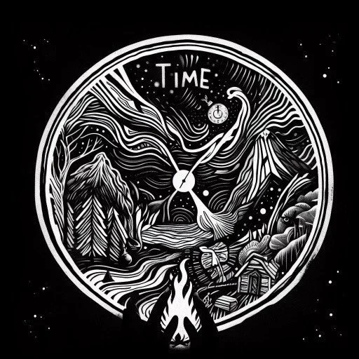 Black and white illustration of a clock with mountain scenery, trees, stars, and a campfire inside a circular frame, with the word 'TIME' at the top.