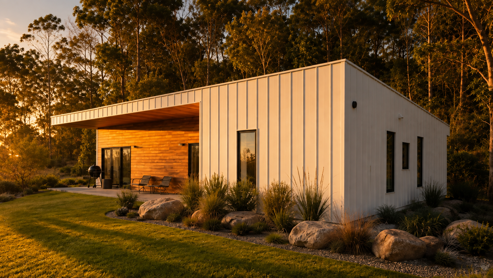 Modern house with white and wood exterior, surrounded by rocks and plants, during sunset with trees in the background.