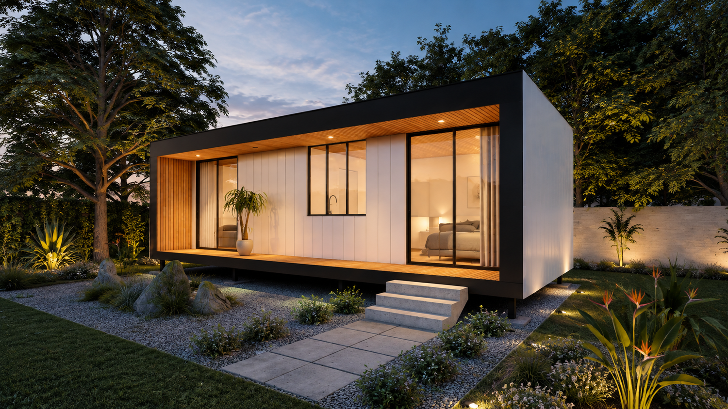 Dusk one-bedroom studio exterior rendering