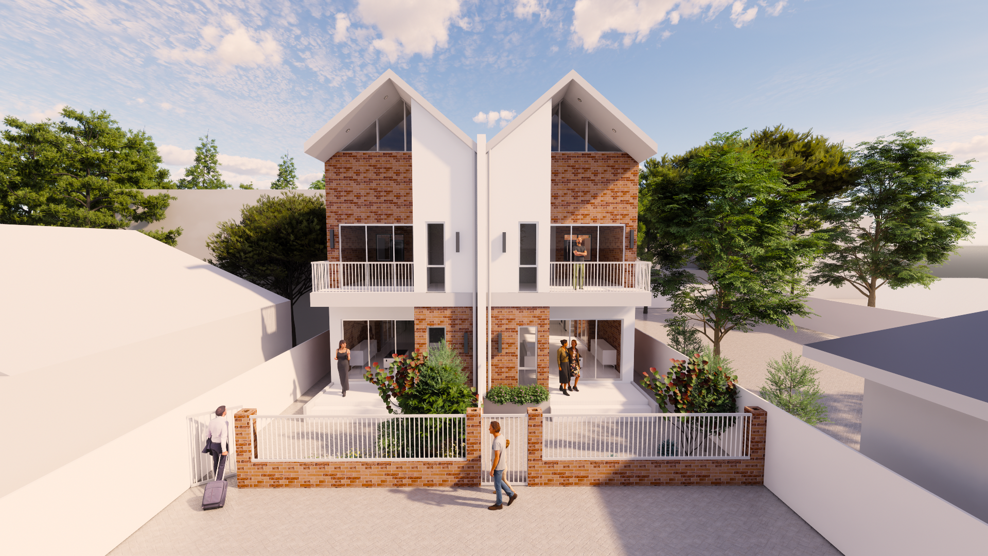 A modern multi-story residential building with brick and white exterior, balcony railings, surrounded by a brick wall, greenery, and trees, with people walking outside.
