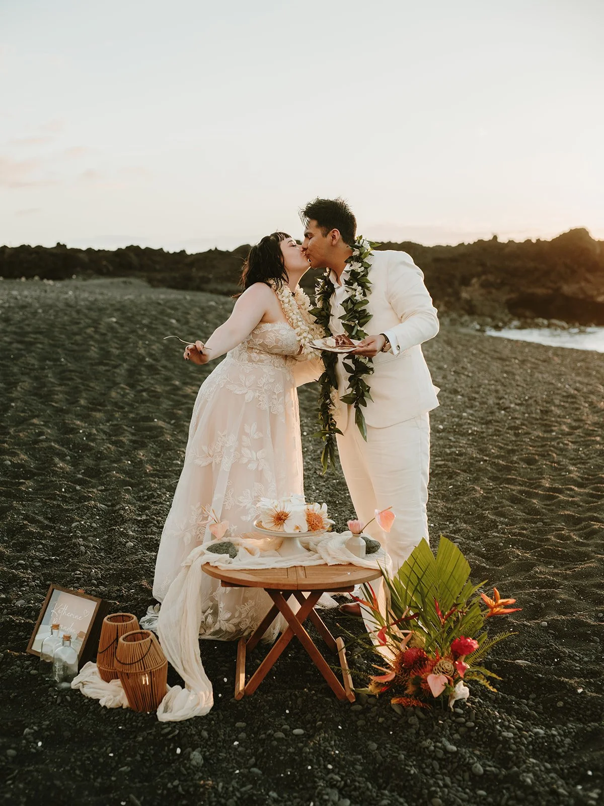 Just married couple on a Kona black sand beach – Couple Cups Photography