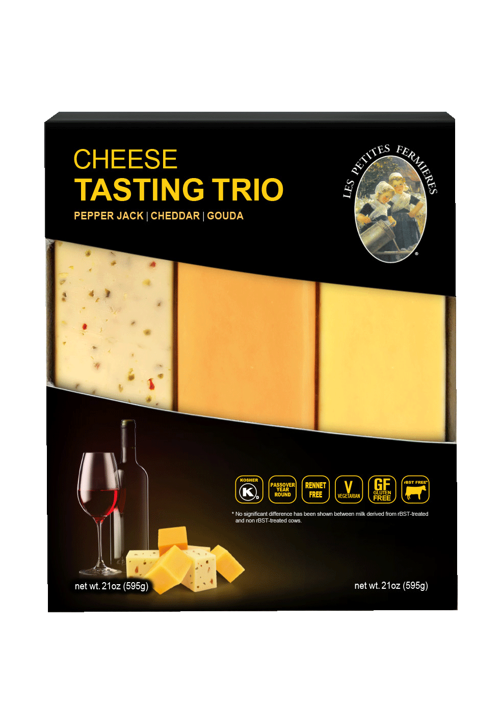 Package of Les Petites Fermieres cheese tasting trio, including pepper jack, cheddar, and gouda, with a glass of red wine and some cheese cubes and wedges, indicating cheese varieties. Black packaging with product details and symbols for kosher, Pass