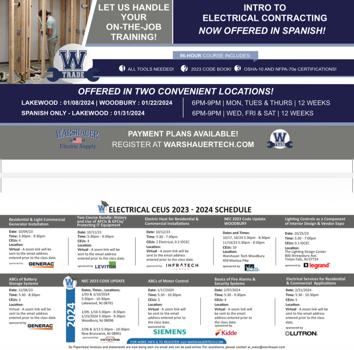 Warshauer Tech and Trade mailer stuffer, used to advertise the CEUs for Electrical contractors and as well as  for letting the Electricians know we have trained electrical apprentices to help them out in the field. 