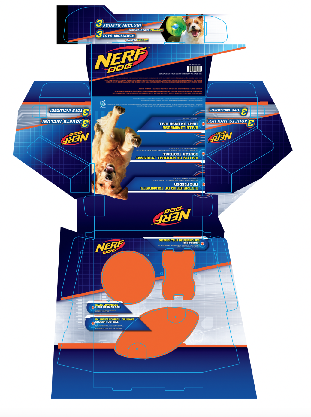 Unfolded Nerf dog toy packaging with images of dogs, colorful graphics, and text in multiple languages promoting three toys included, light-up ball, football, and frisbee.