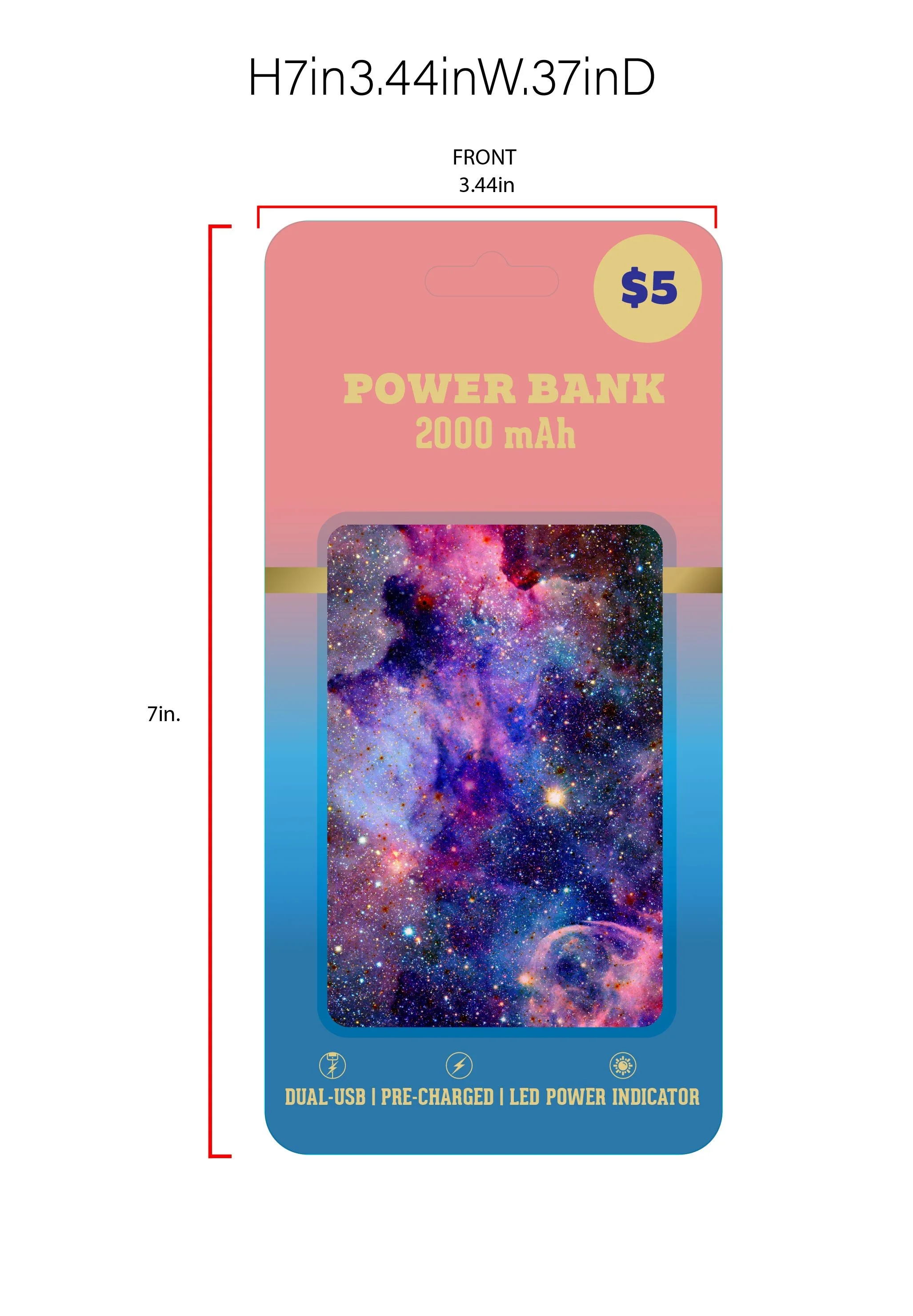 Packaging for a portable power bank featuring a galaxy design, pink and blue background, and text indicating 2000 mAh capacity, $5 price, and features like dual USB, pre-charged, and LED indicator.