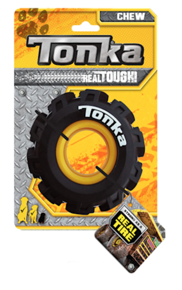 Toy tire named 'Tonka' with a rugged, real tough look. The packaging has a yellow and gray design, and a small tag that says 'Strong as a real tire.'