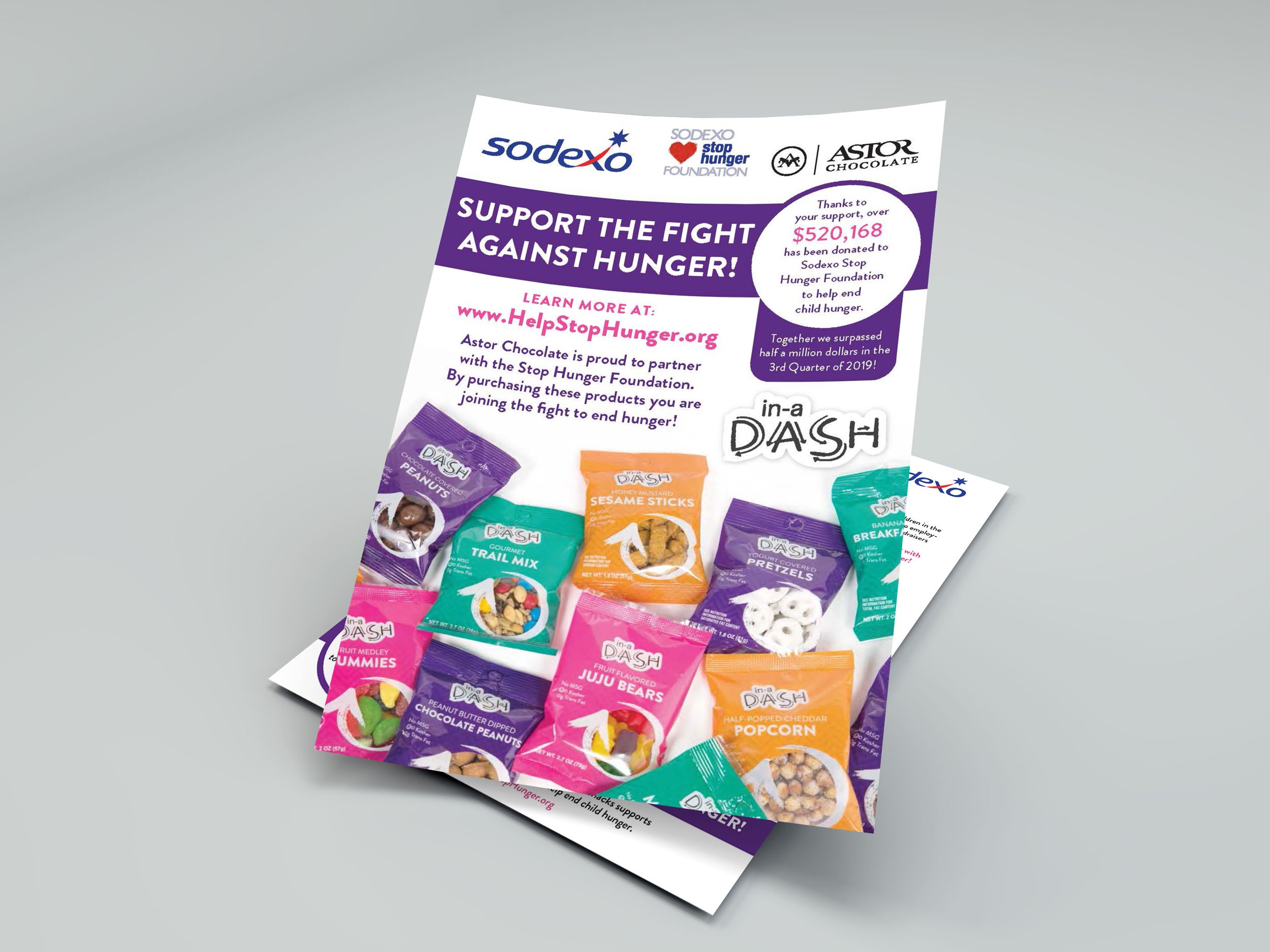 IN-A-DASH Snacks by Astor Chocolate Poster designed using Adobe Photoshop partnered with Sodexo, to showcase their Fight Against Hunger donation program.