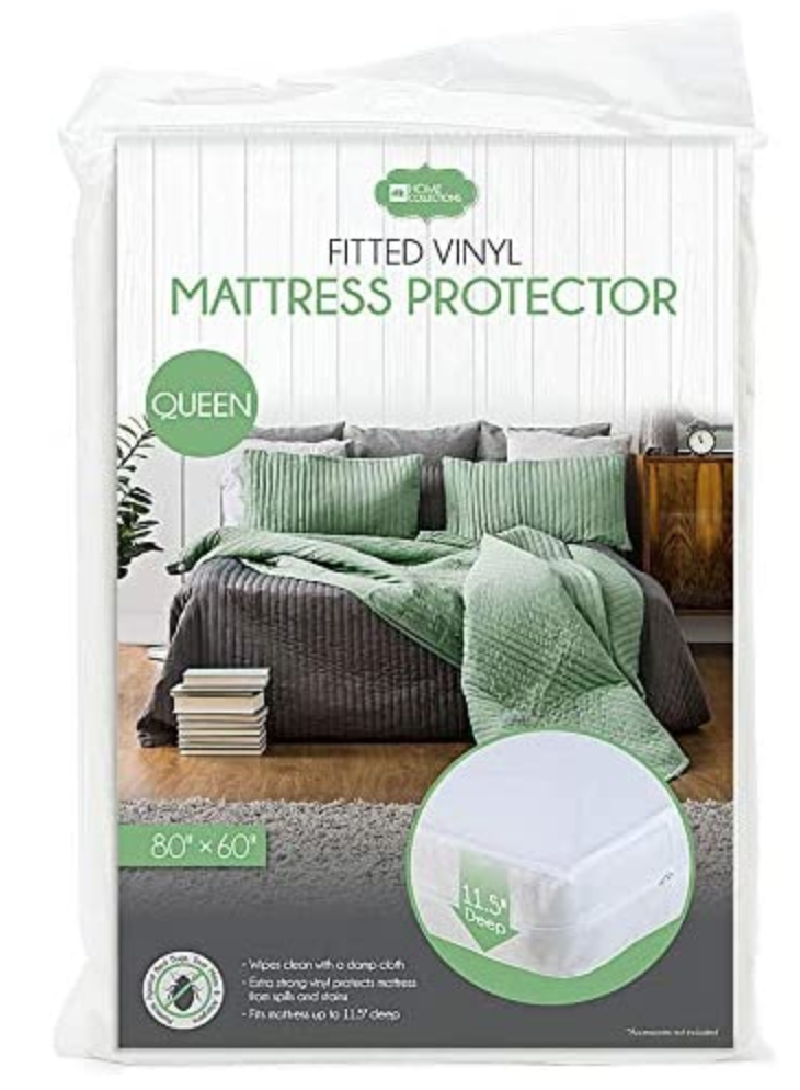 Packaging for a fitted vinyl mattress protector in queen size, showing a bed with green and gray bedding, and a circular diagram of the protector's dimensions.