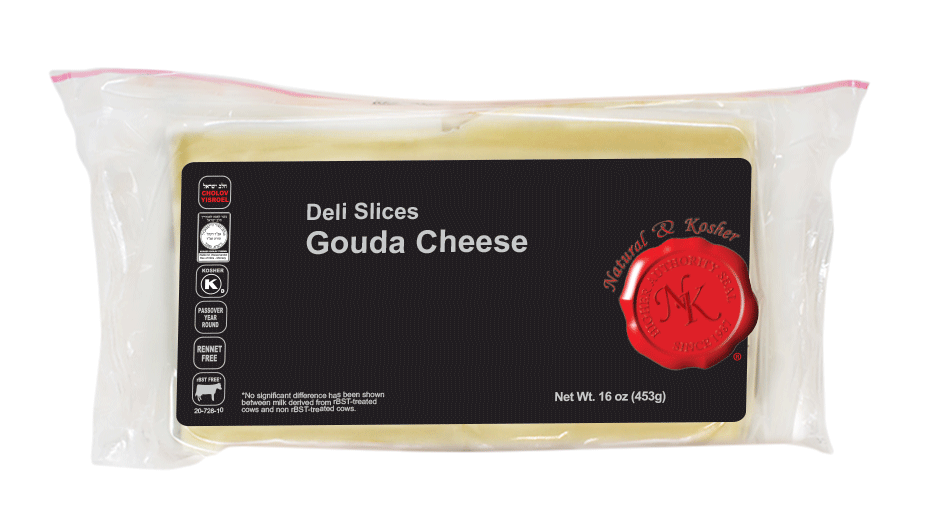 A package of deli slices Gouda cheese in a clear plastic wrapper with a black label.