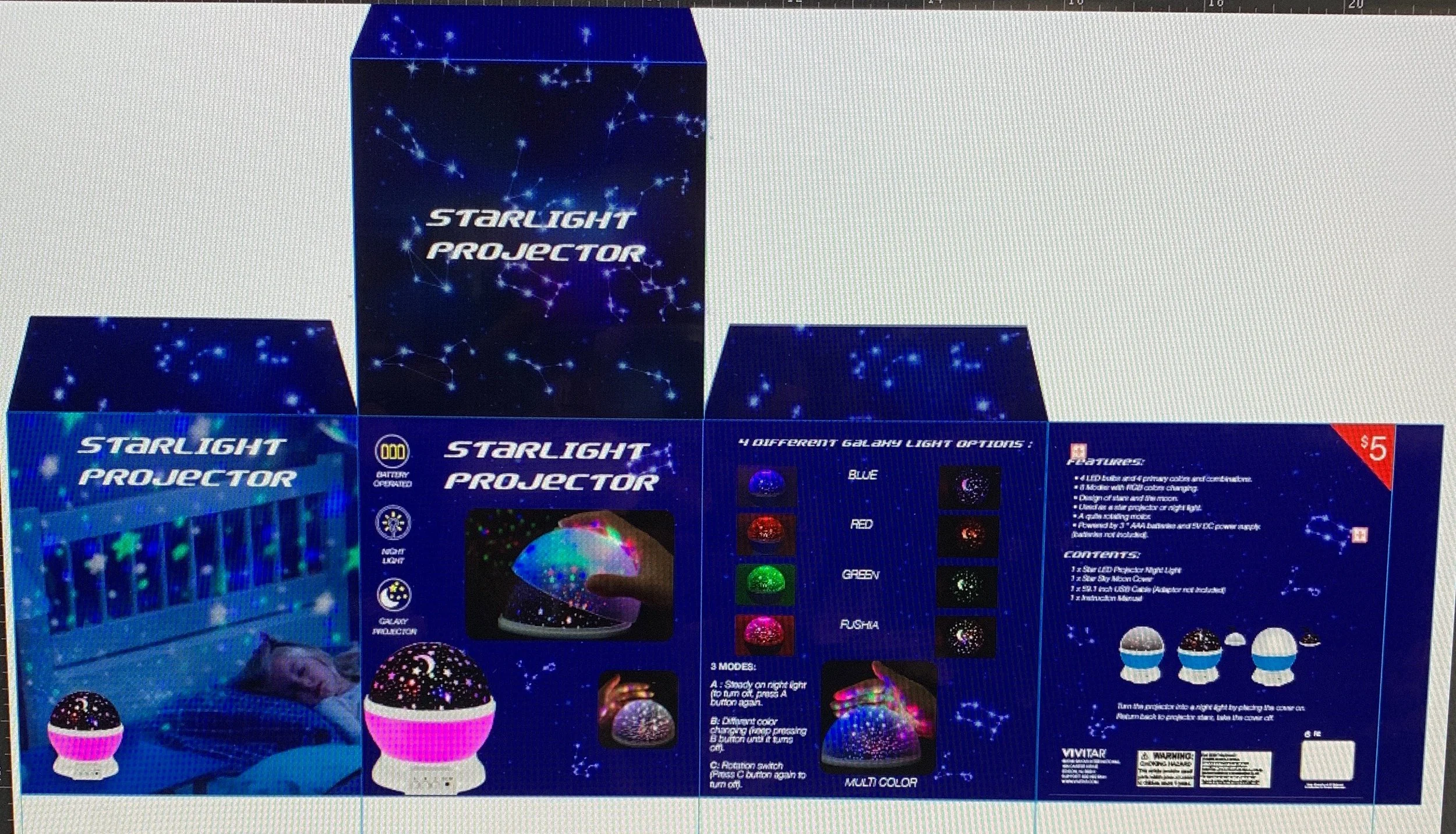 Packaging of a starry night sky themed galaxy light projector with LED star and moon images, showing different lighting options and features, priced at $5.