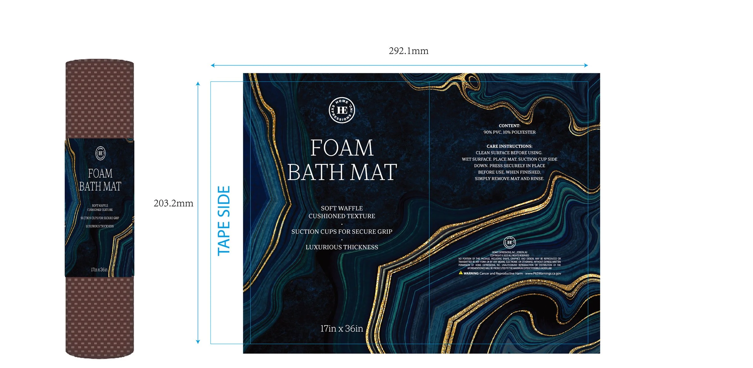 Packaging for a foam bath mat, showing dimensions, design, and product details.
