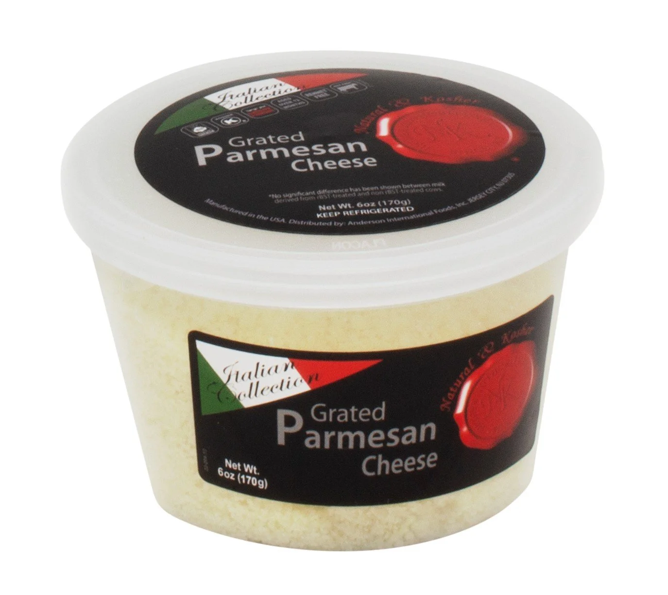 A container of grated Parmesan cheese with a black and red label, and a white lid.
