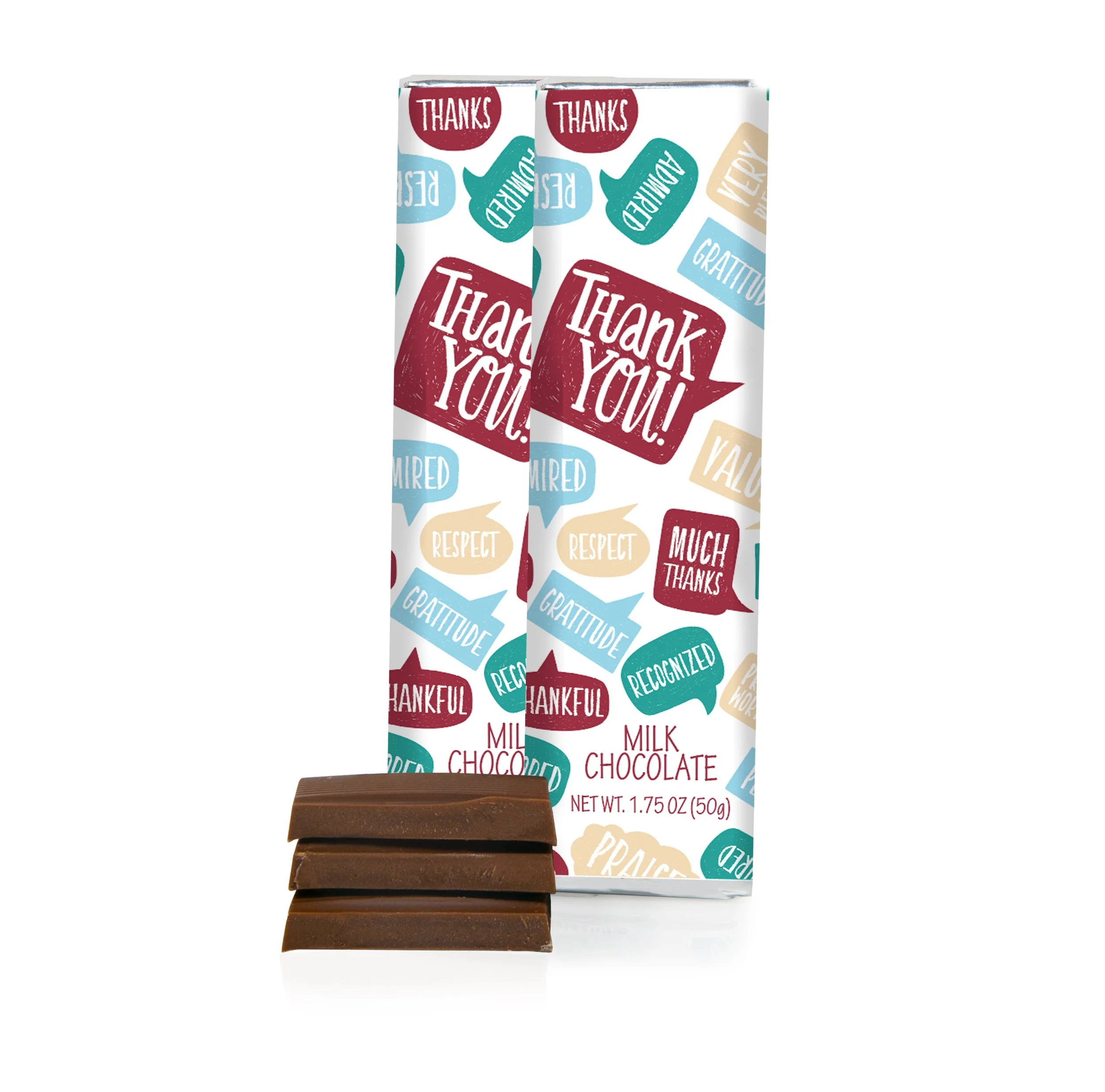 Chocolate bar with a decorative package that says "Thank You!" in large letters, featuring words like "appreciated," "respect," "gratitude," "recognized," and "value," with three pieces of chocolate placed in front.