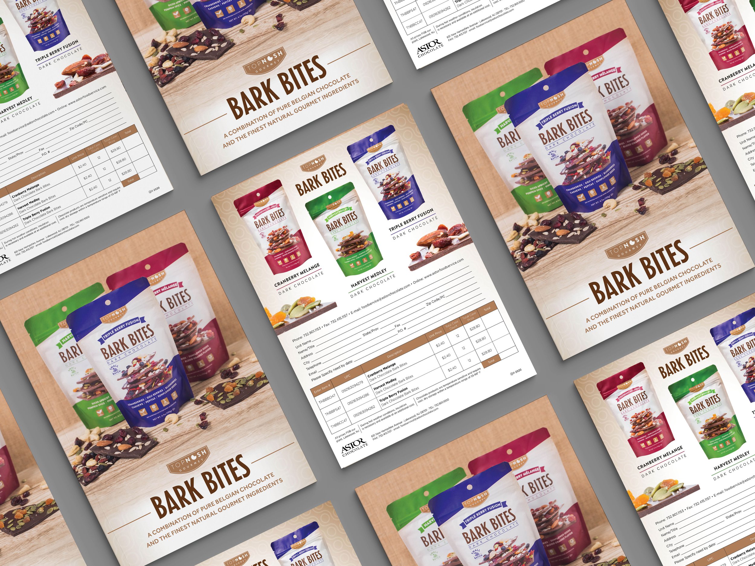Top Nosh Sell Sheet by Astor Chocolate
Designed with InDesign sell sheet with order form for Bark Bites snack line.