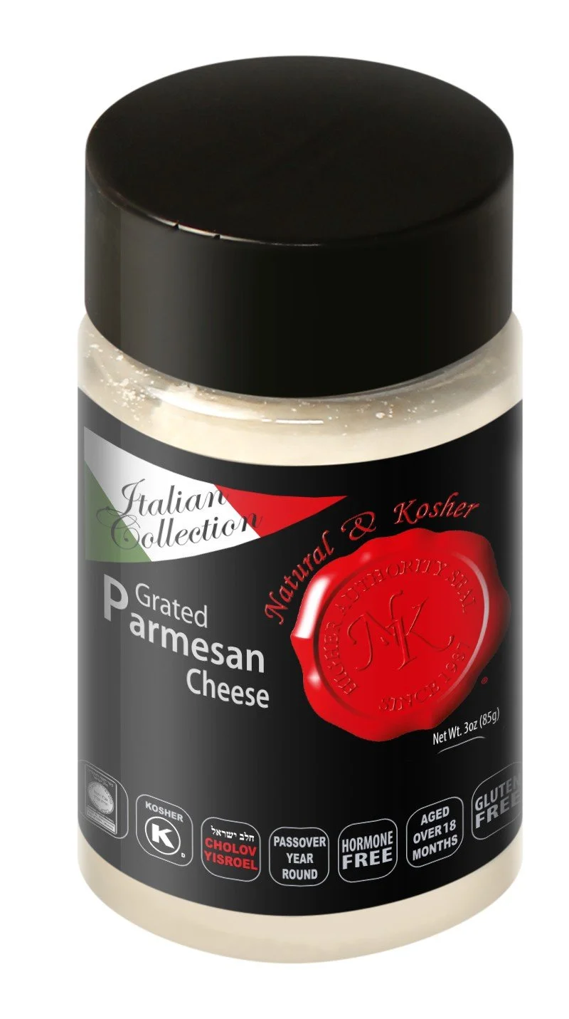 A jar of grated Parmesan cheese from the Italian Collection, labeled as natural and kosher, with a black lid and black and red label.