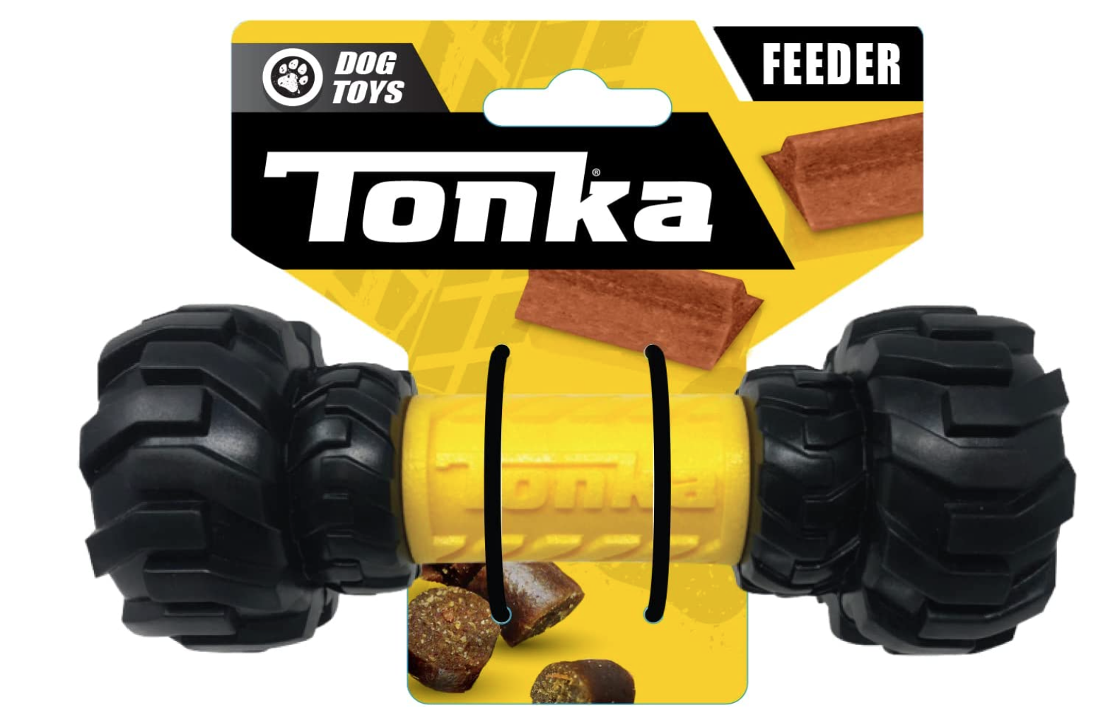 A dog toy called Tonka Feeder with a yellow cylindrical shape, large black rubber wheels, and images of dog treats and a cardboard-like treat on the packaging.