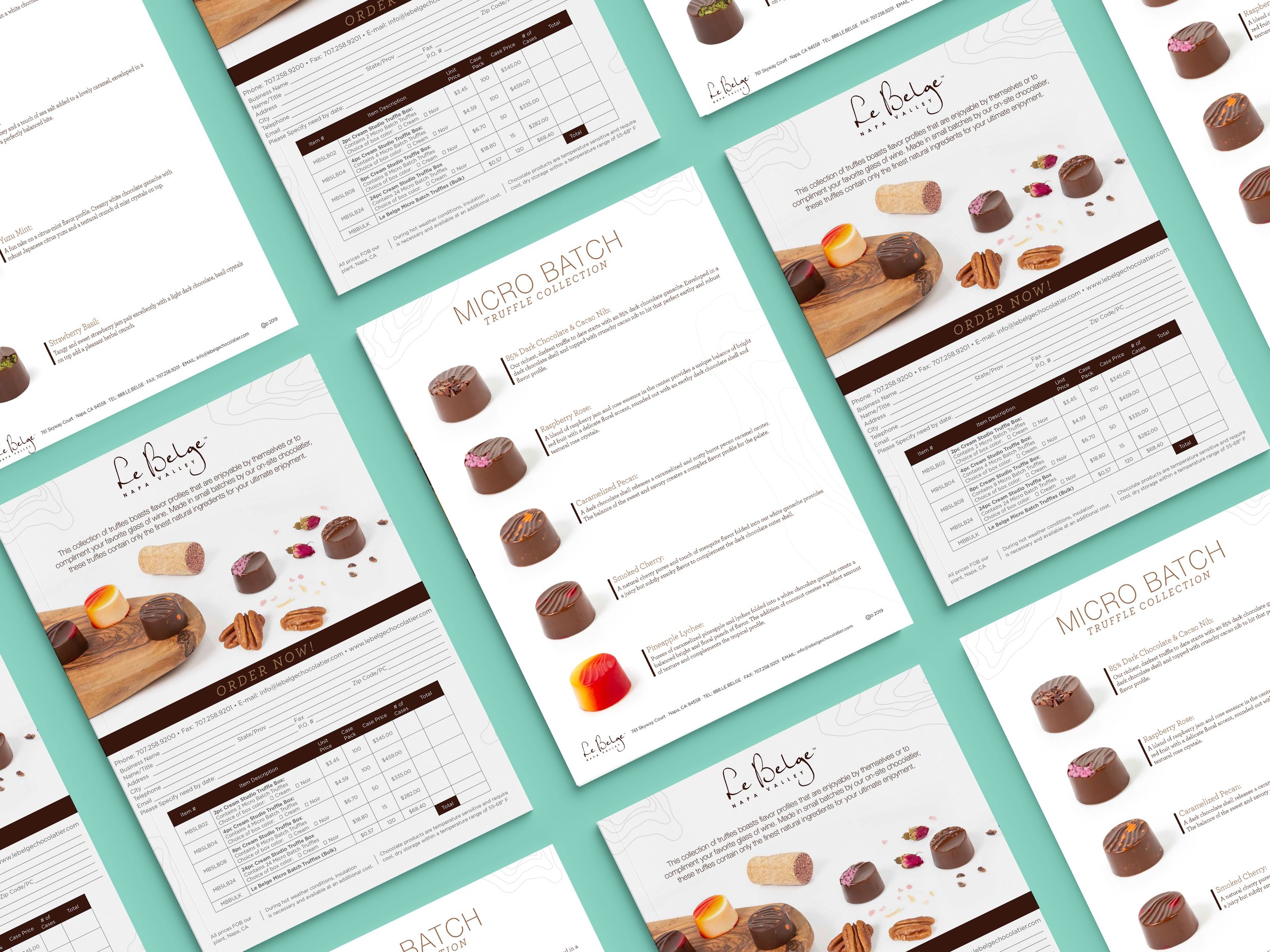 Le Belge Chocolate by Astor Chocolate Designed Sellsheet of Micro Batch truffles with seasonal flavors. Product photography done in house of each truffle, with lifestyle beauty shot for designing the sellsheet. Used InDesign and Photoshop for imagery