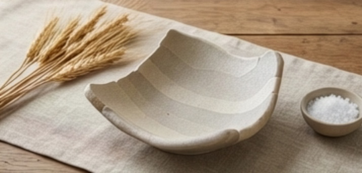 Handmade yakishime unglazed stoneware bowl with organic texture resting on a kitchen table in soft natural light